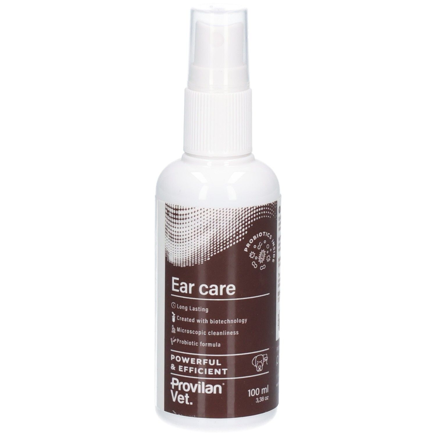 Avant d'un flacon pulvérisateur blanc avec étiquette marron, montre 'Ear care' et 'Probiotics inside'.