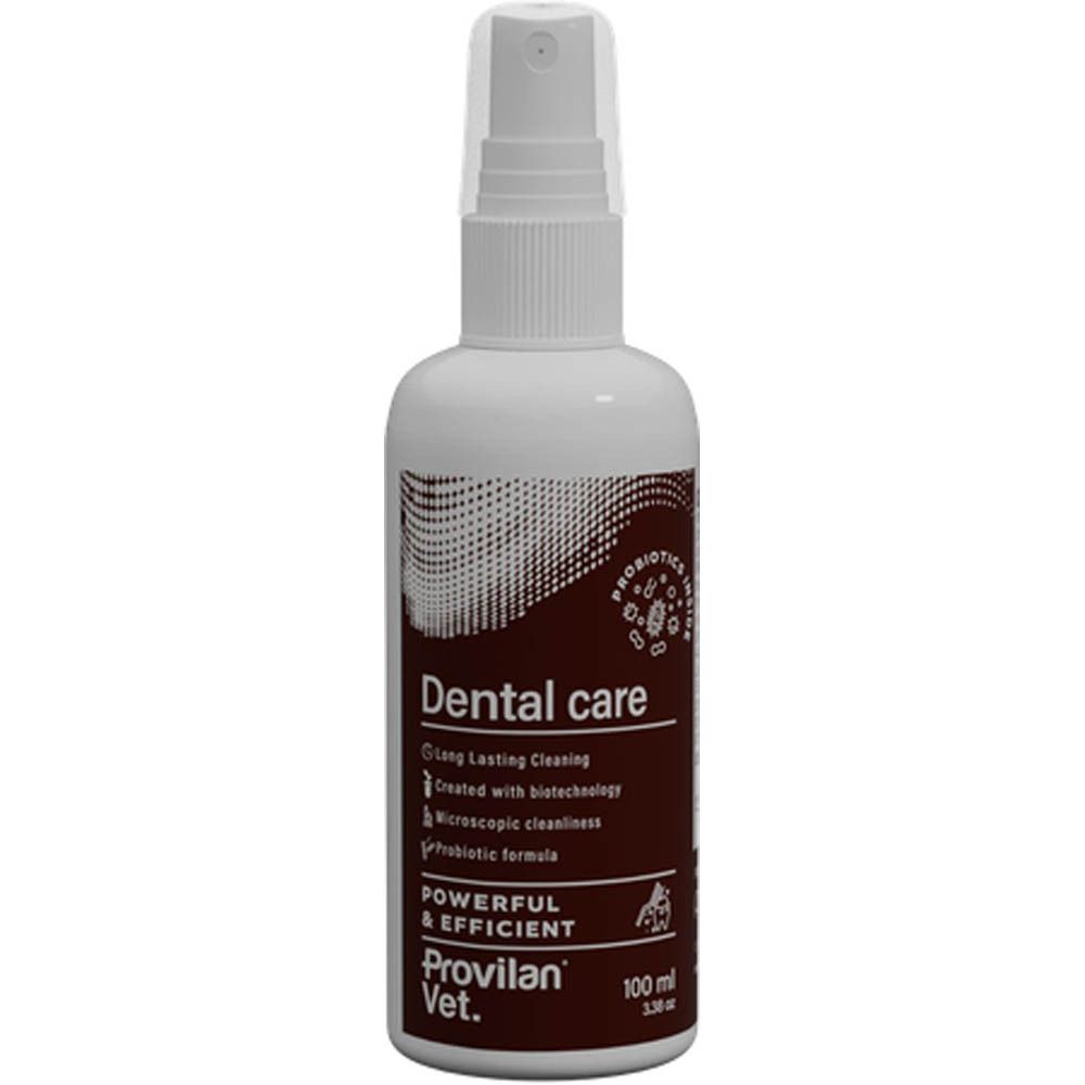 Witte spuitfles met bruin etiket voor Provilan Vet. Dental Care, 100 ml.