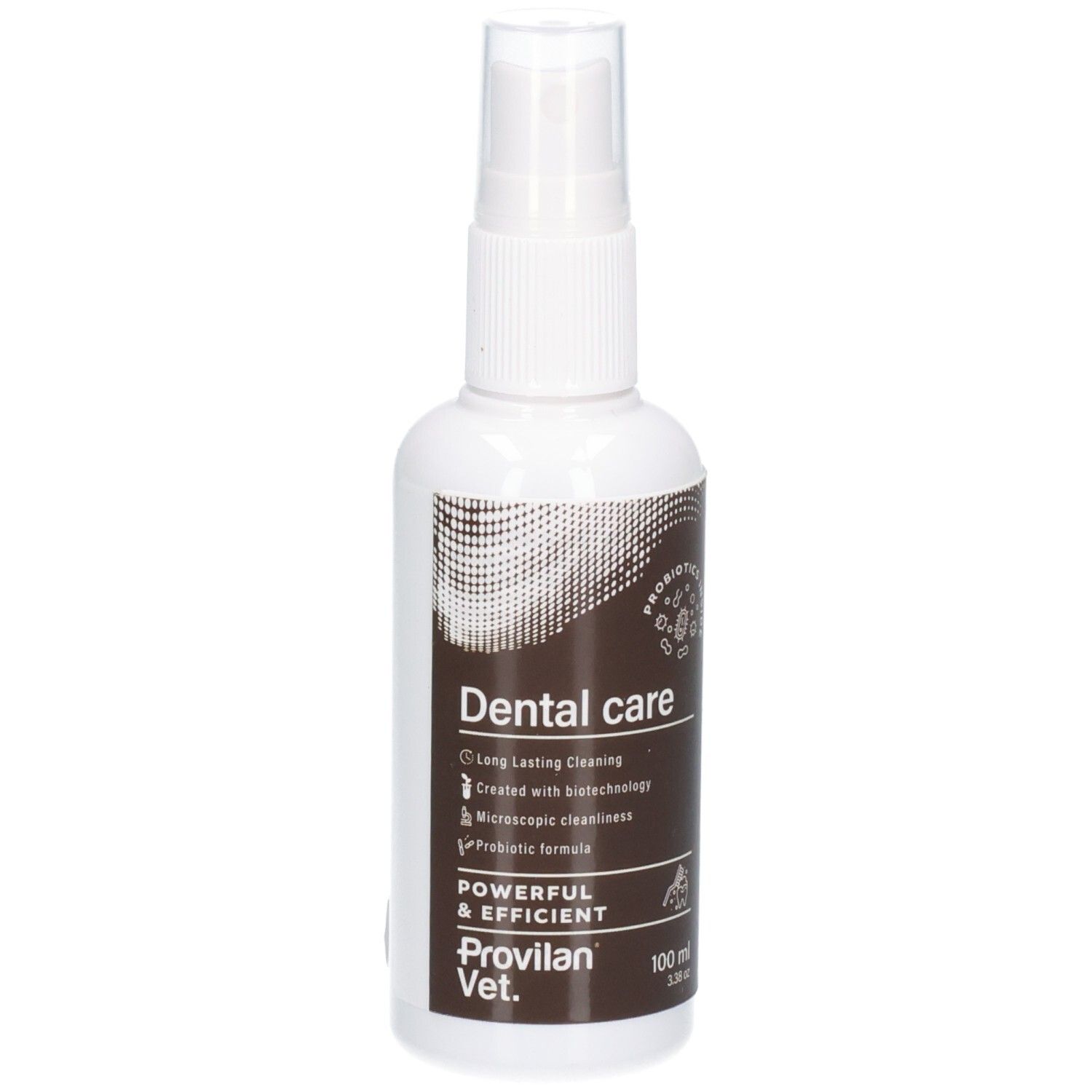 Witte spuitfles met bruin etiket voor Provilan Vet. Dental Care, 100 ml.
