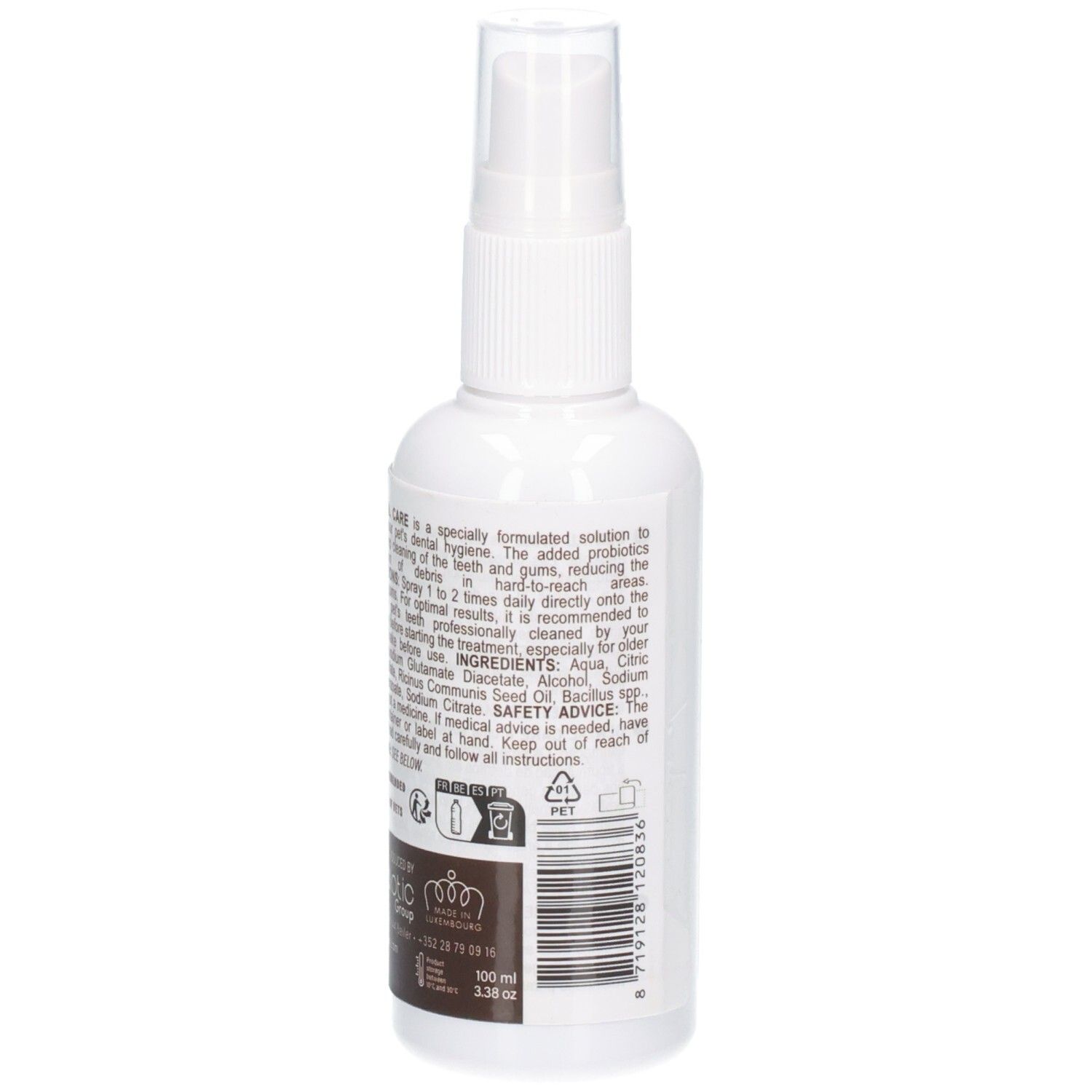 Achterkant van een witte spuitfles met bruin etiket voor Provilan Vet. Dental Care, 100 ml.