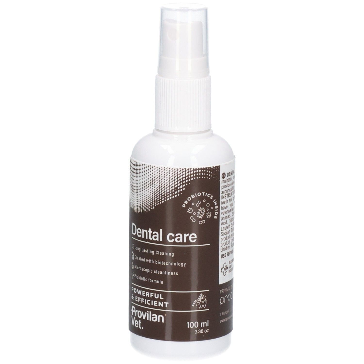 Witte spuitfles met bruin etiket voor Provilan Vet. Dental Care, 100 ml.