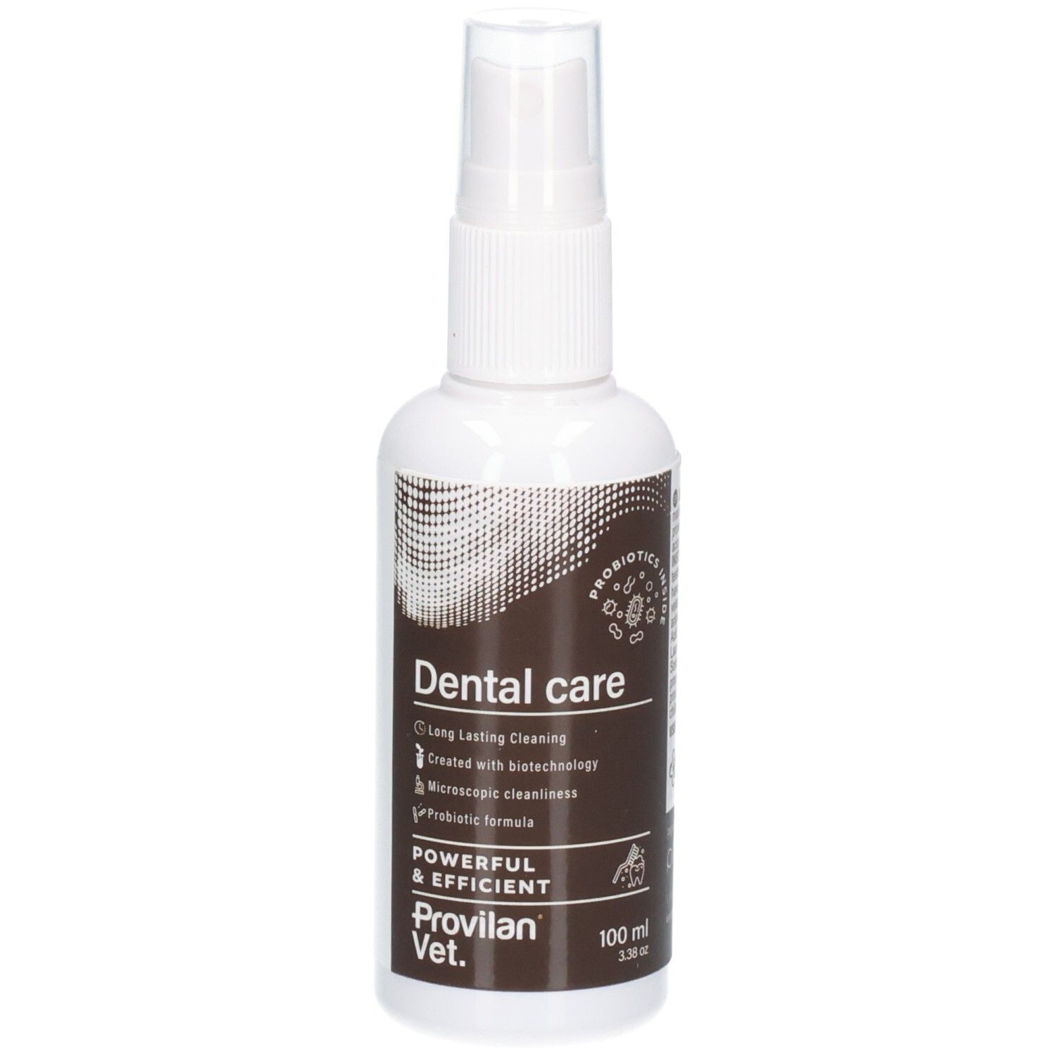 Witte spuitfles met bruin etiket voor Provilan Vet. Dental Care, 100 ml.