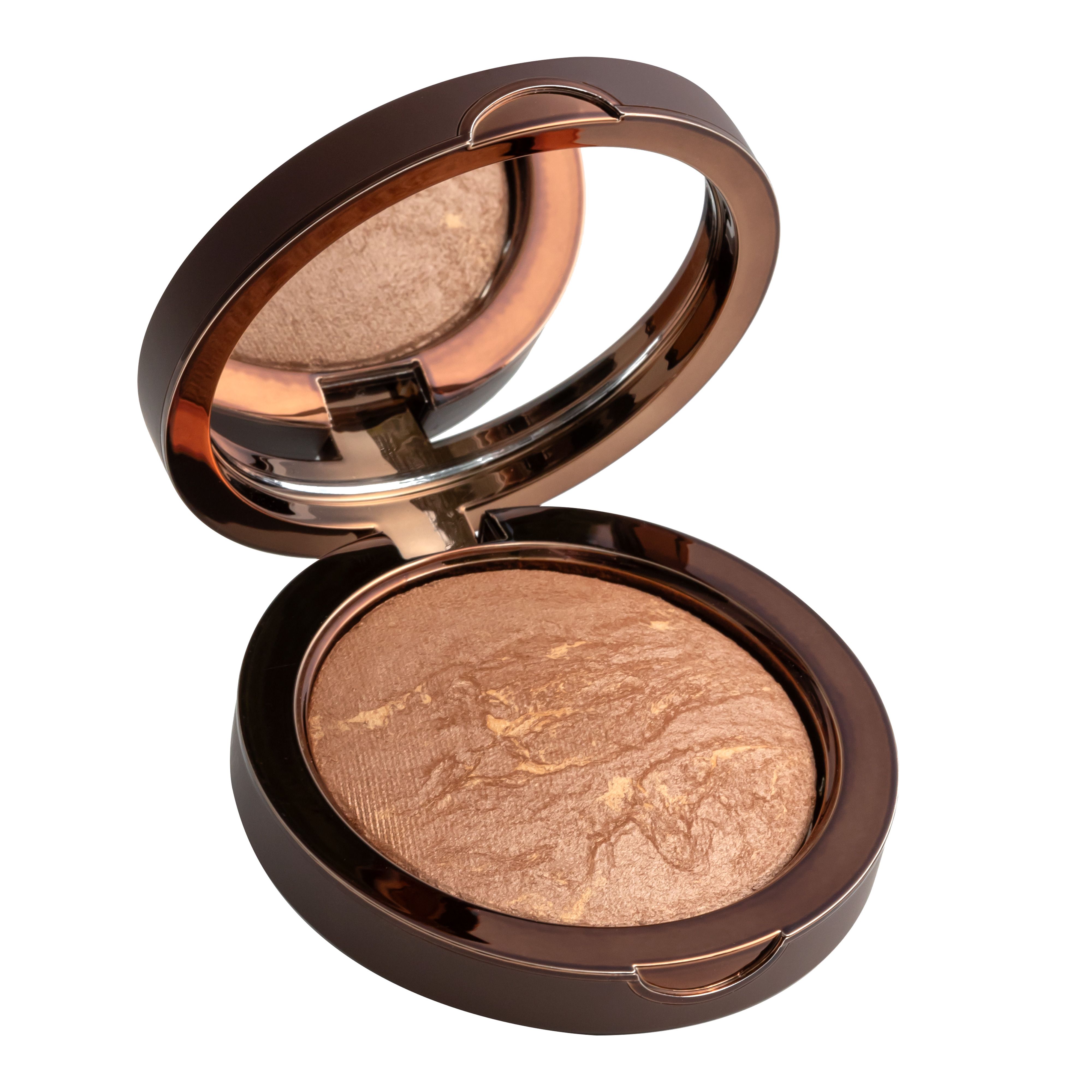 Poudre bronzante dans un boîtier rond marron avec miroir. Couvercle ouvert.