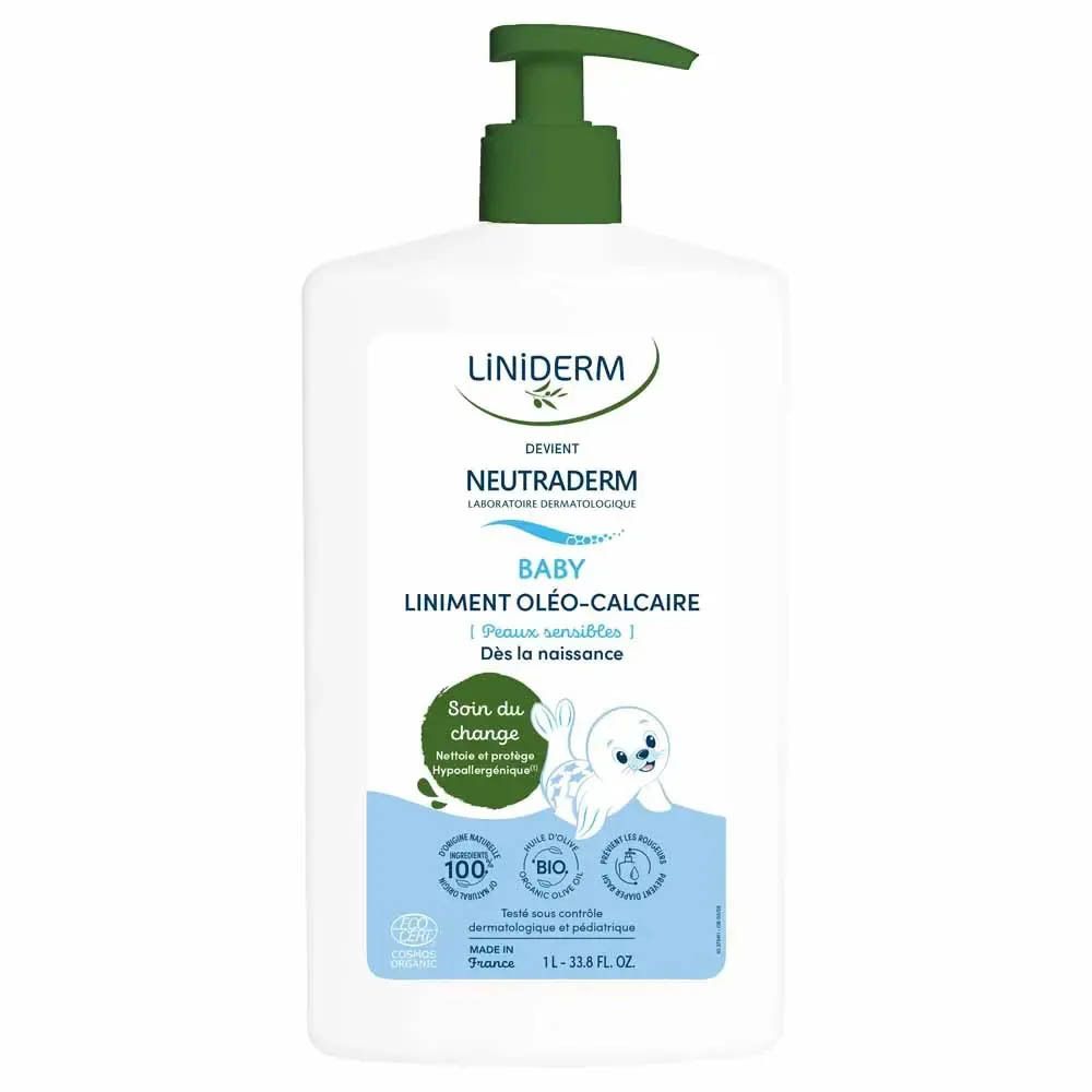 Witte fles met groene pomp. Tekst: Neutraderm Baby Liniment Oléo-Calcaire. Bio-gecertificeerd. Voor gevoelige huid. Vanaf de geboorte.