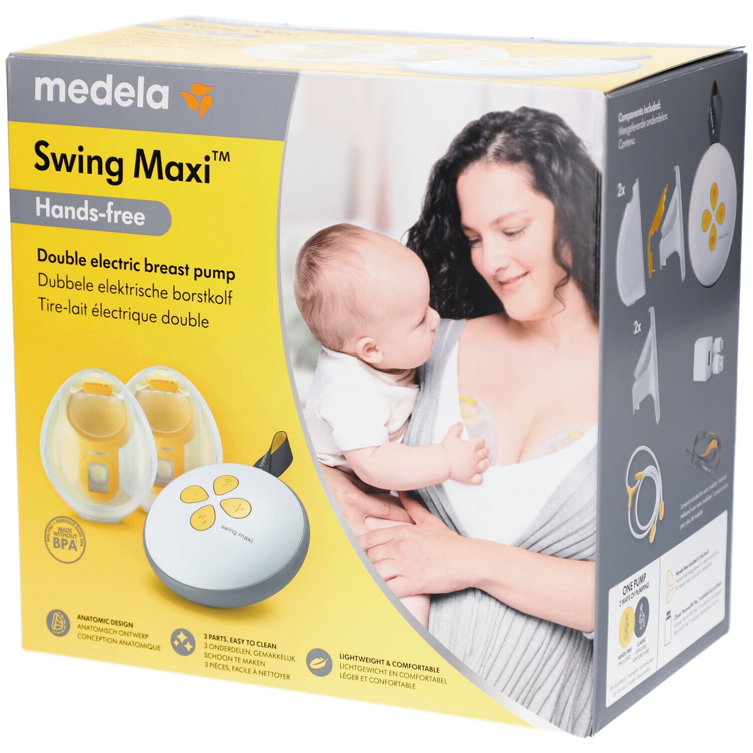 Verpakking Medela Swing Maxi Hands-free. Dubbele elektrische borstkolf. Afbeelding van vrouw en baby op de verpakking.