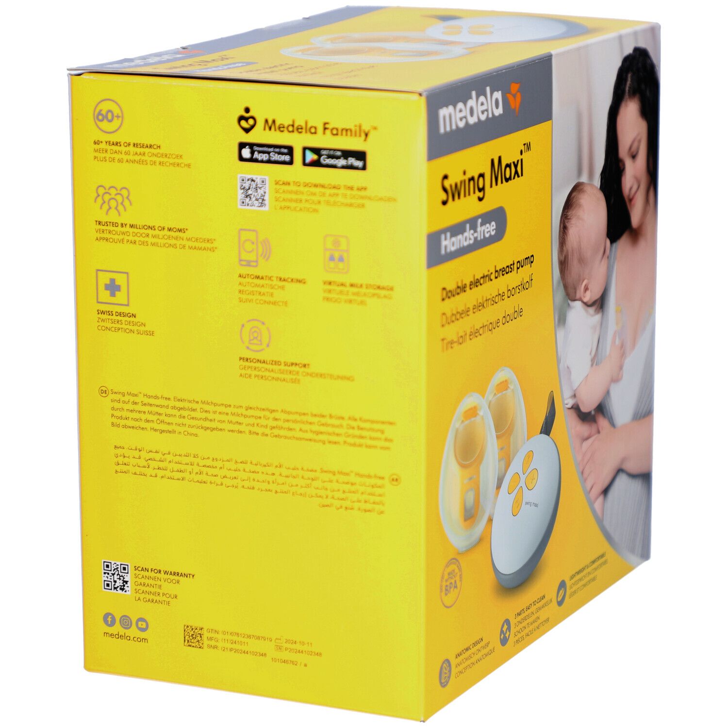 Achterkant van de verpakking Medela Swing Maxi Hands-free. Dubbele elektrische borstkolf. Informatie over merk en functies.