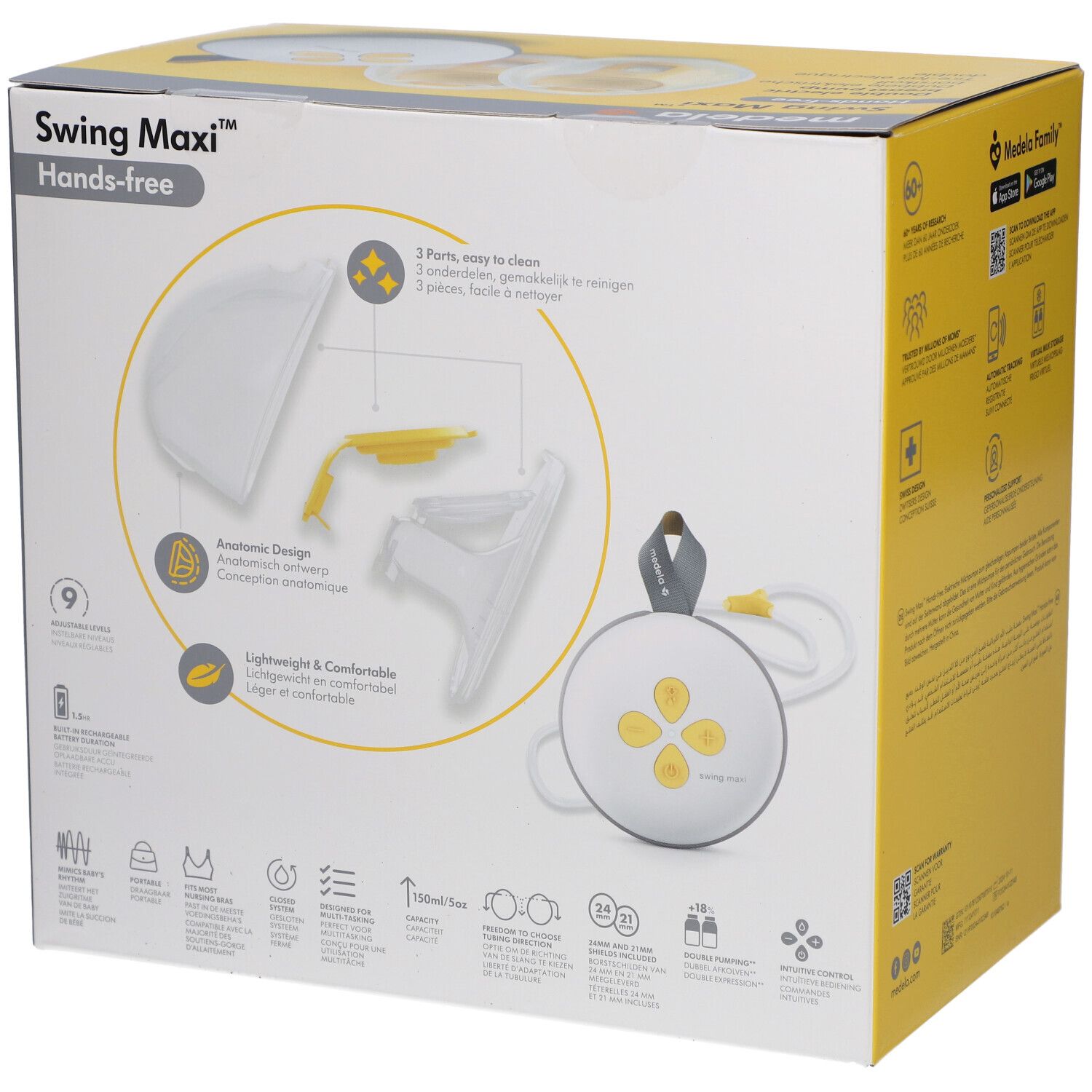 Achterkant van de verpakking Medela Swing Maxi Hands-free. Dubbele elektrische borstkolf. Illustratie van componenten en functies.