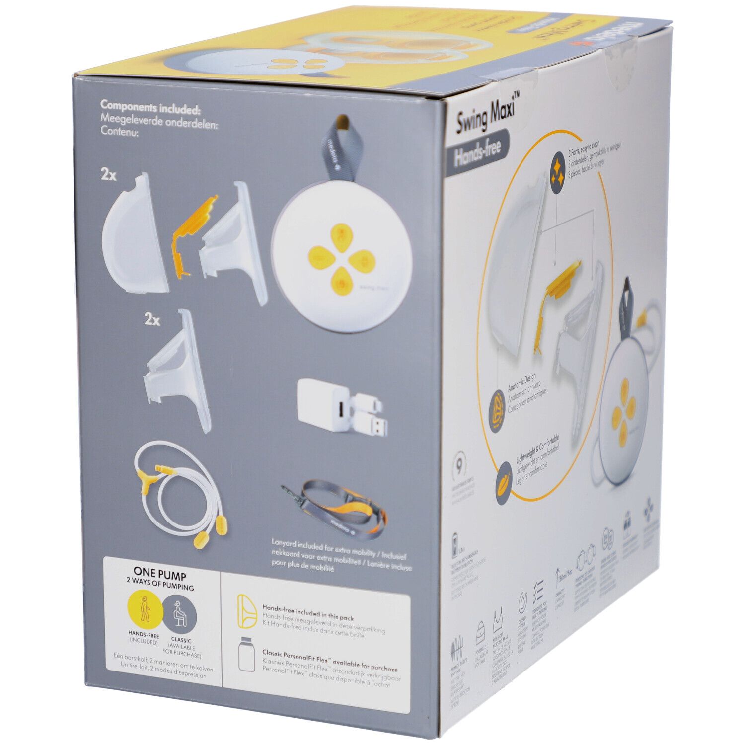 Verpakking Medela Swing Maxi Hands-free. Dubbele elektrische borstkolf. Toont componenten, inclusief kabels en adapter.