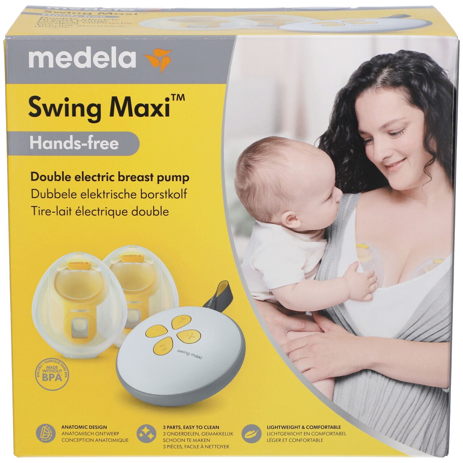 Verpakking Medela Swing Maxi Hands-free. Dubbele elektrische borstkolf. Afbeelding van vrouw met baby en product.