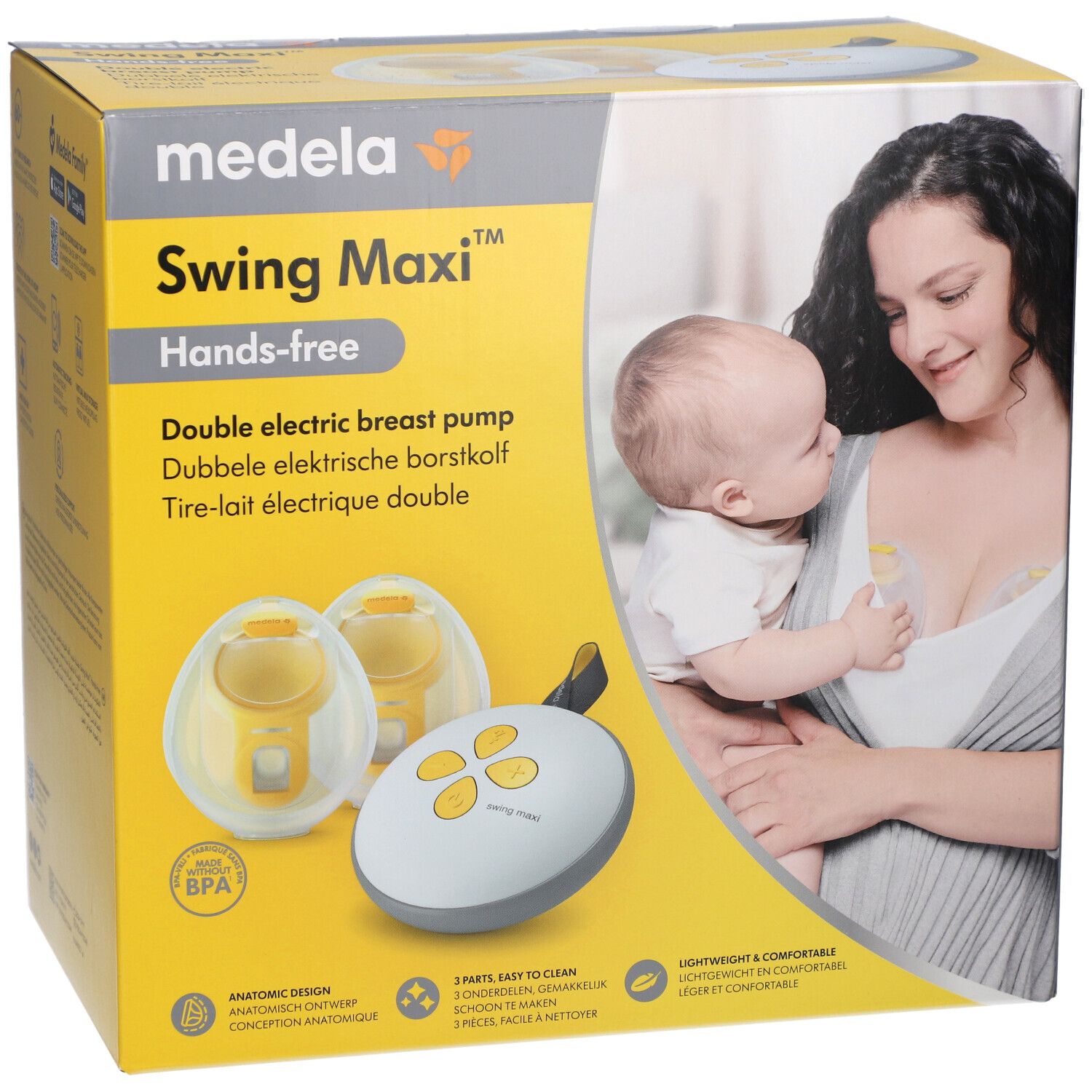 Verpakking Medela Swing Maxi Hands-free. Dubbele elektrische borstkolf. Productafbeelding en vrouw met baby.