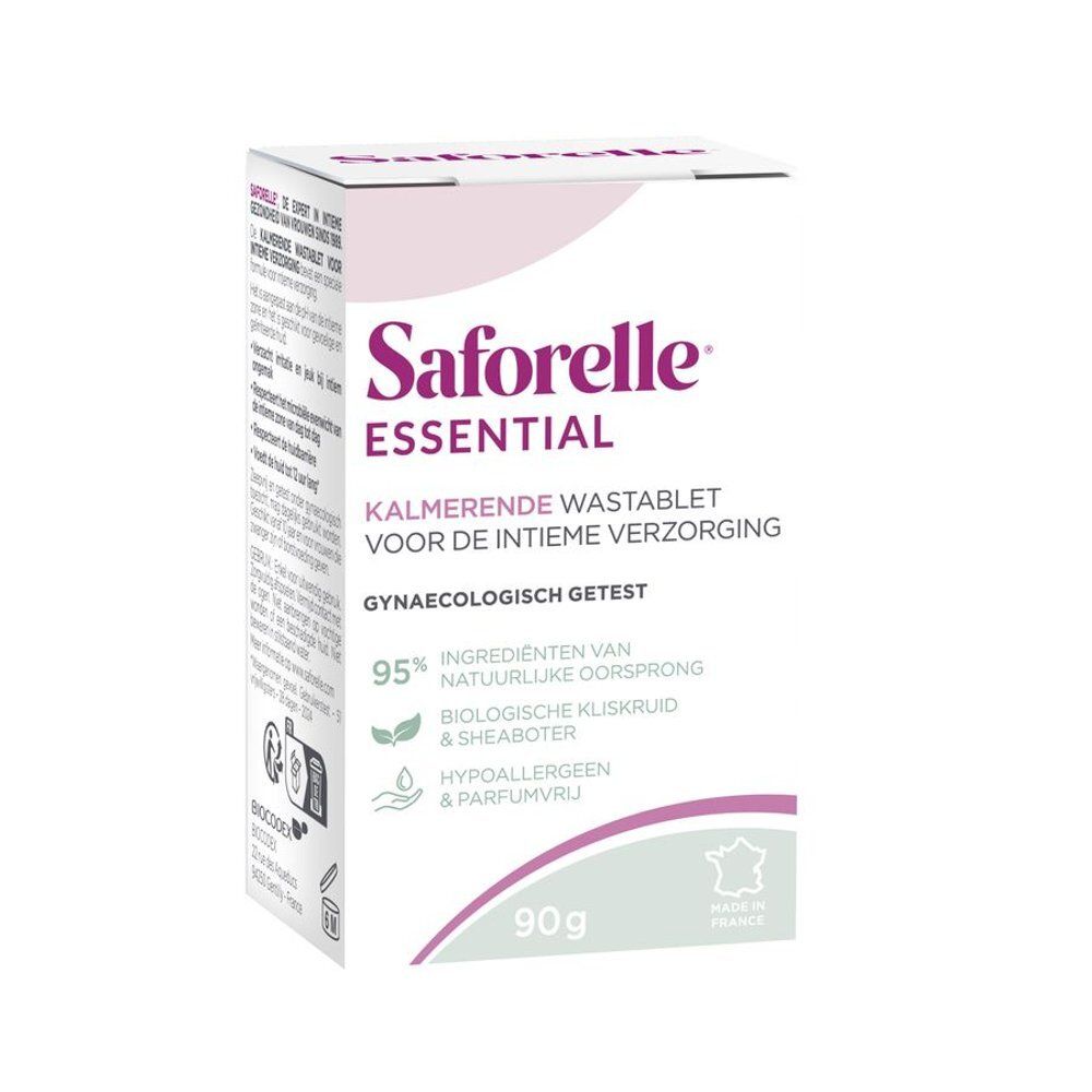 Verpakking Saforelle Essential. Witte doos met roze accenten. Tekst: Kalmerende Wastablet, 90g, 95% ingrediënten. Gynaecologisch getest.