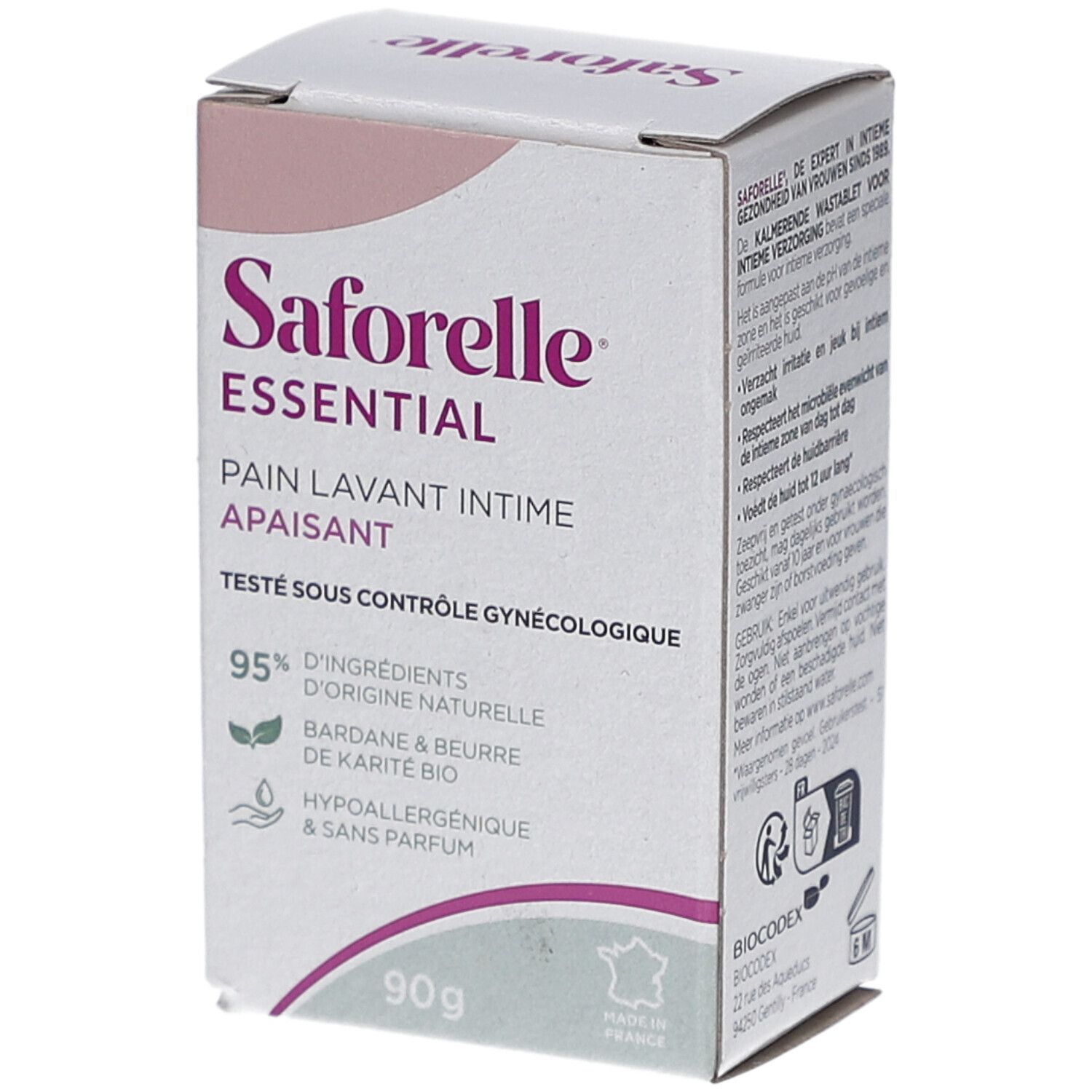 Verpakking Saforelle Essential. Witte doos met roze accenten. Tekst: Kalmerende Wastablet, 90g, 95% ingrediënten van natuurlijke oorsprong.