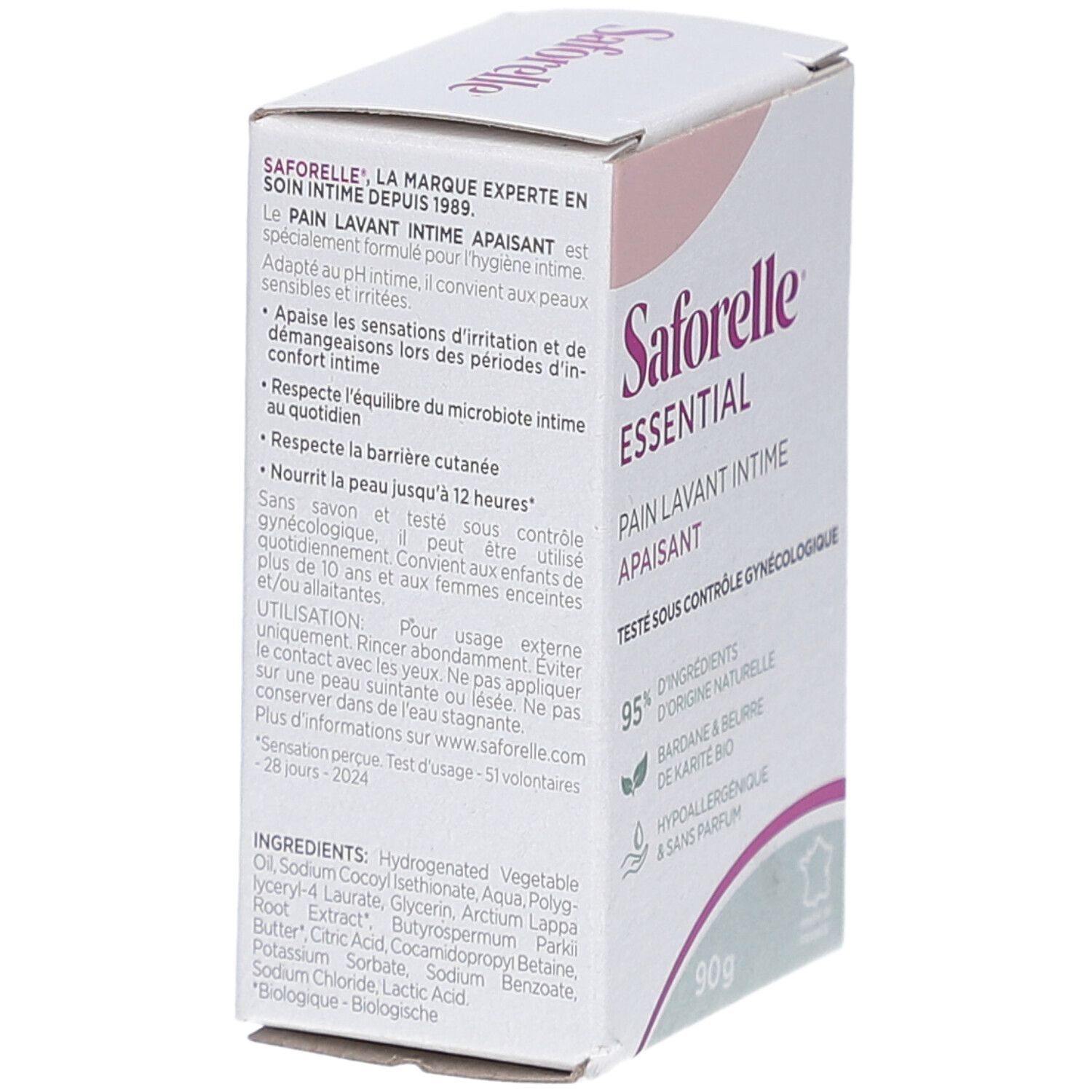 Saforelle Essential verpakking. Witte doos met roze accenten. Tekst: Kalmerende Wastablet, 90g, ingrediënten. Gynaecologisch getest.