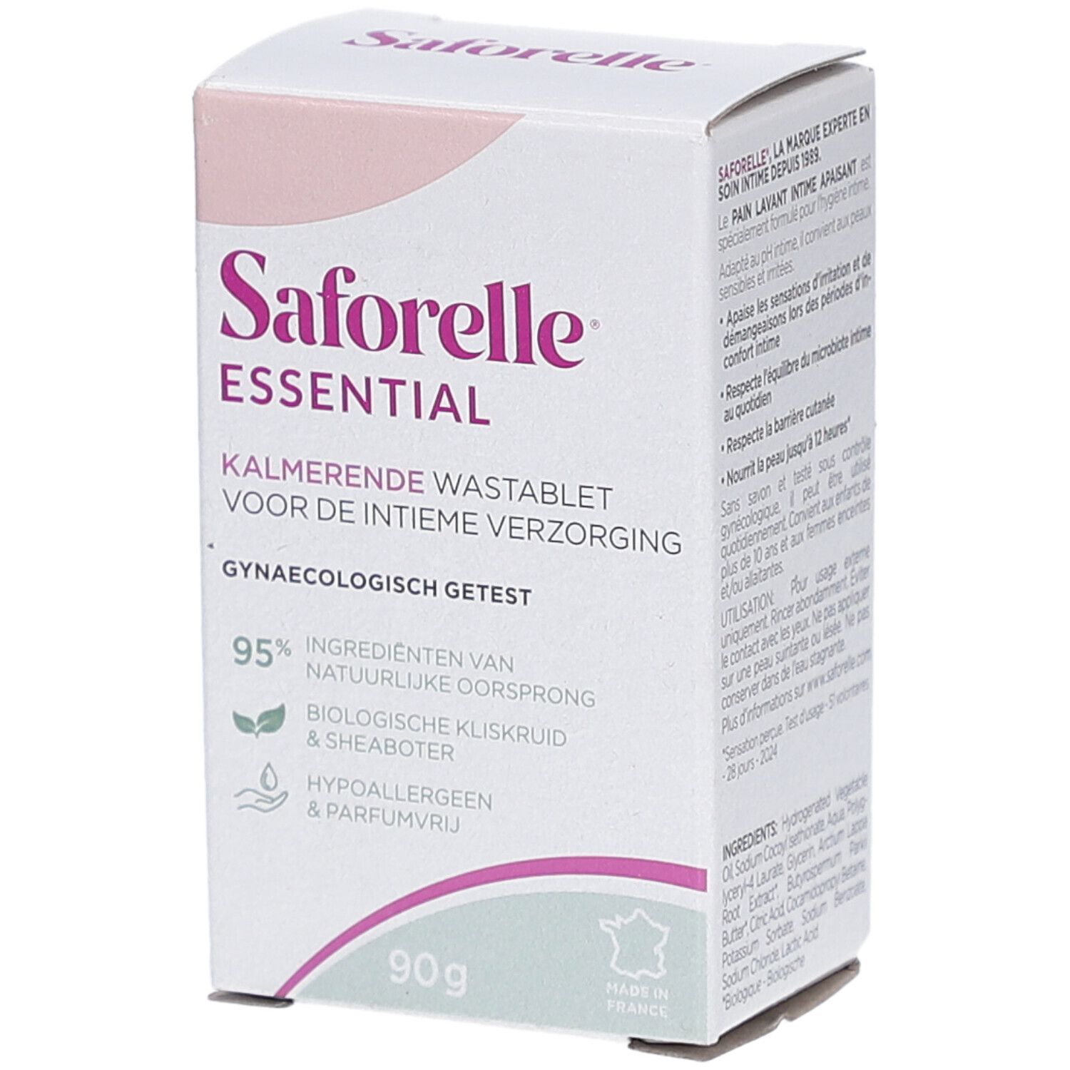 Verpakking Saforelle Essential. Witte doos met roze accenten. Tekst: Kalmerende Wastablet, 90g, 95% ingrediënten. Gynaecologisch getest.