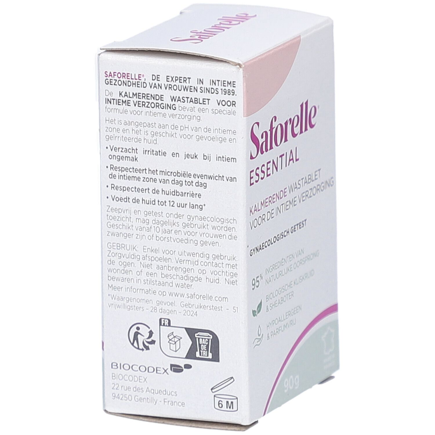 Verpakking Saforelle Essential. Witte doos met roze accenten. Tekst: Kalmerende Wastablet, 90g, 95% ingrediënten. Gynaecologisch getest.