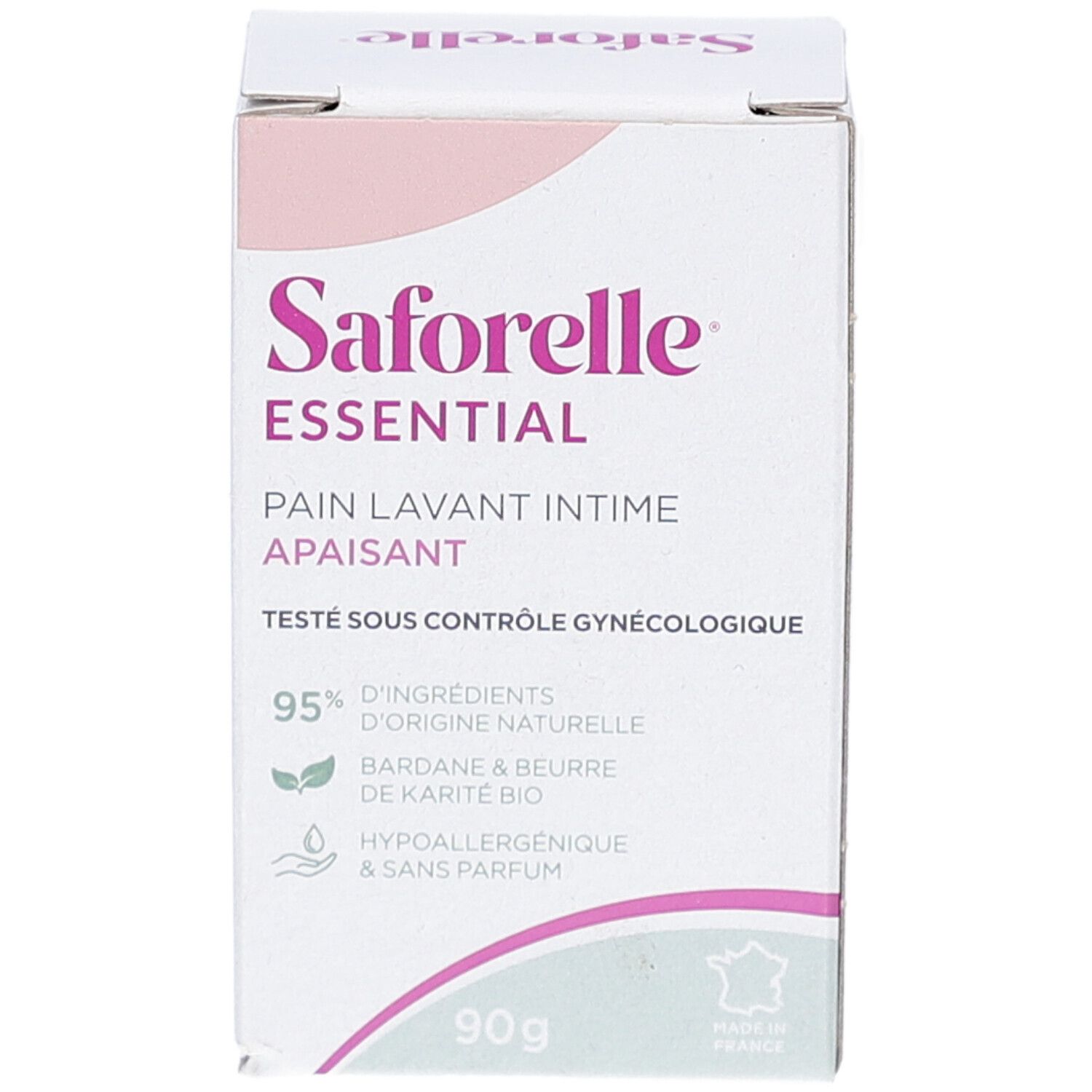 Verpakking Saforelle Essential. Witte doos met roze accenten. Tekst: Pain Lavant Intime Apaisant, 90g, 95% ingrediënten.
