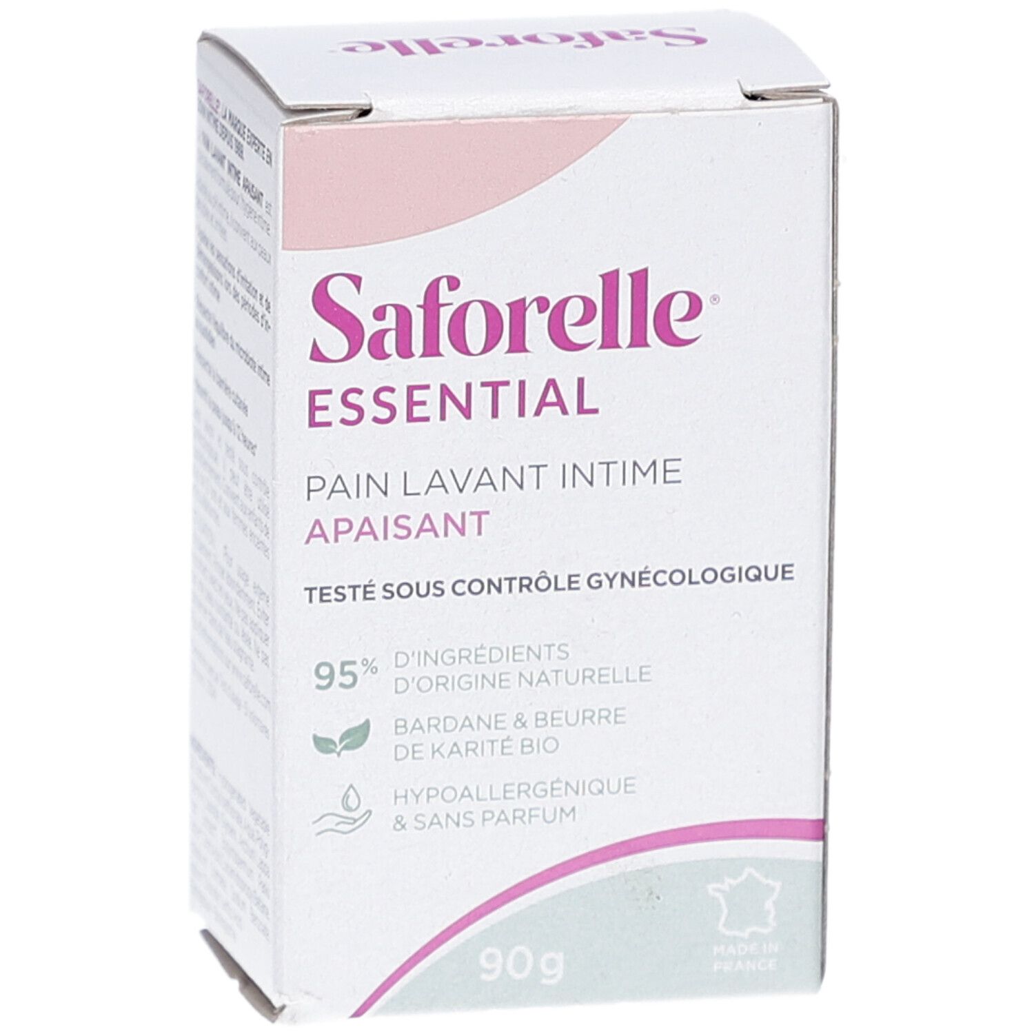 Verpakking Saforelle Essential. Witte doos met roze accenten. Tekst: Pain Lavant Intime Apaisant, 90g, 95% ingrediënten.