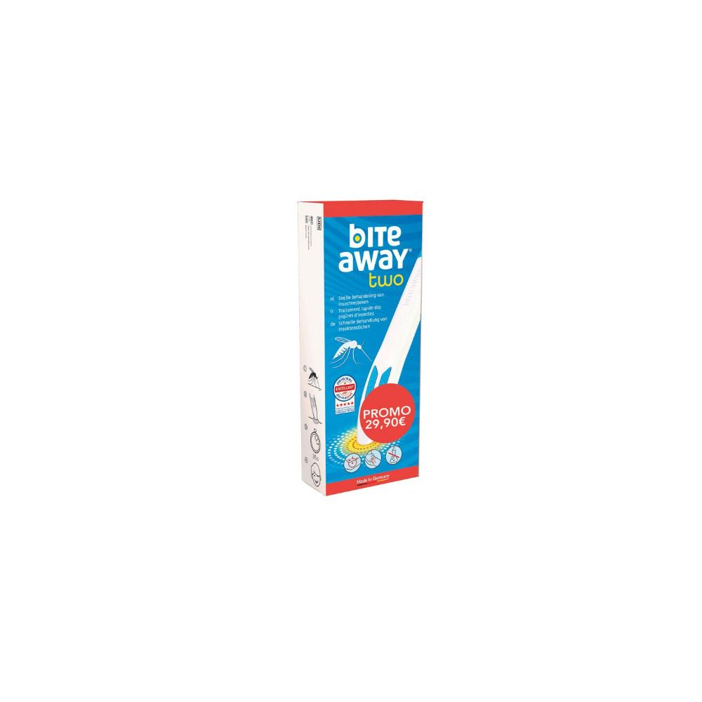 Emballage du Bite Away Two avec illustration de l'appareil, instructions et un autocollant promo.