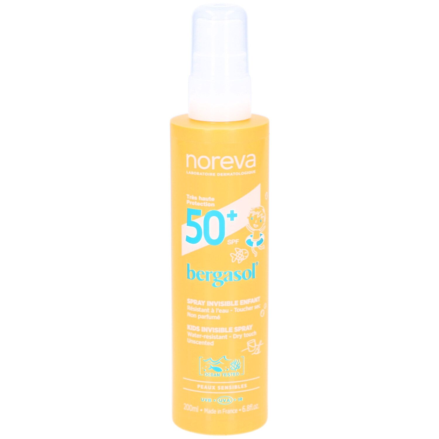 Gele sprayfles met witte sproeikop. Opschrift: Noreva, SPF 50+, Bergasol, Spray Invisible Enfants. Met kinderlijke illustraties.