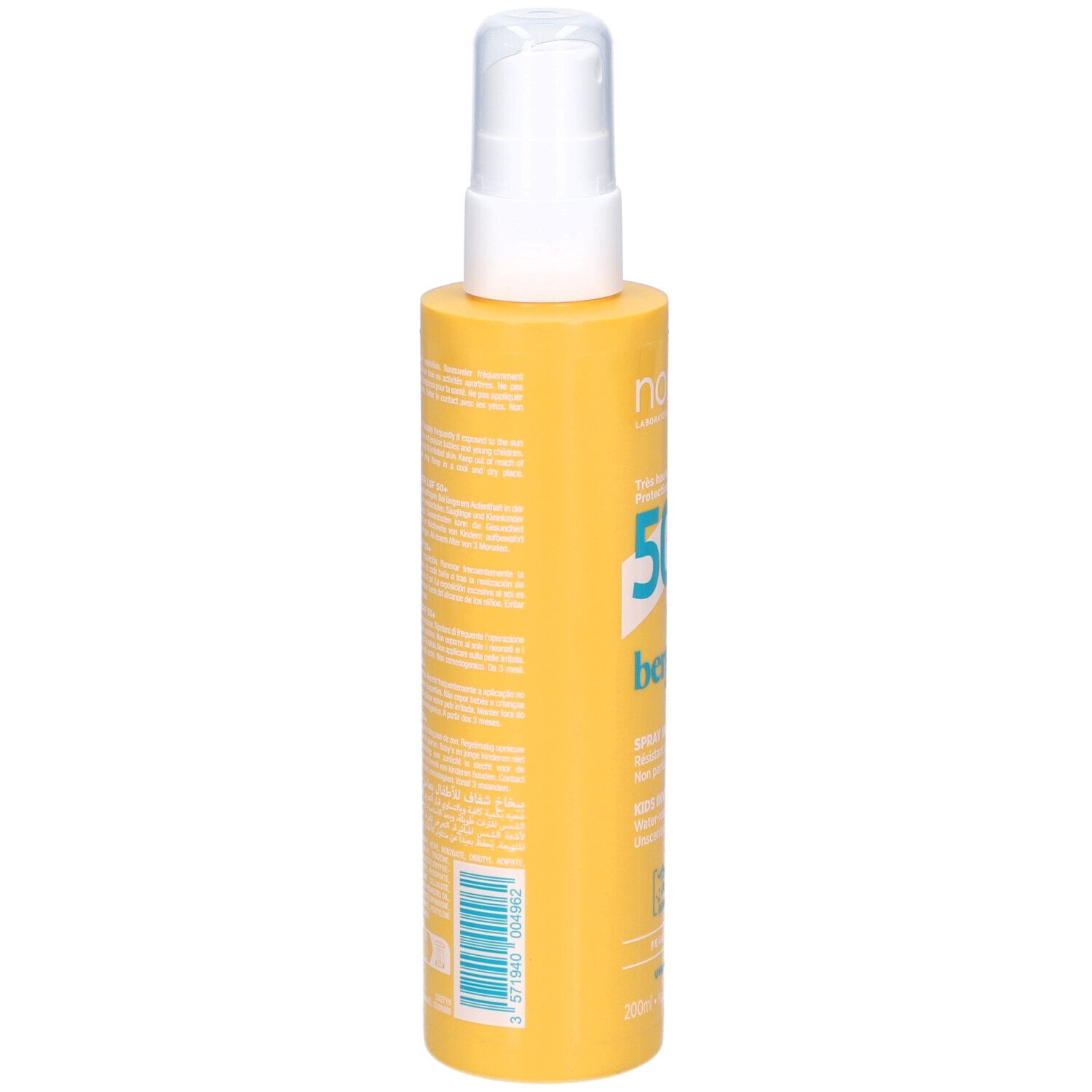Gele sprayfles met witte sproeikop. Tekst in witte letters op de zijkant. Barcode onderaan.