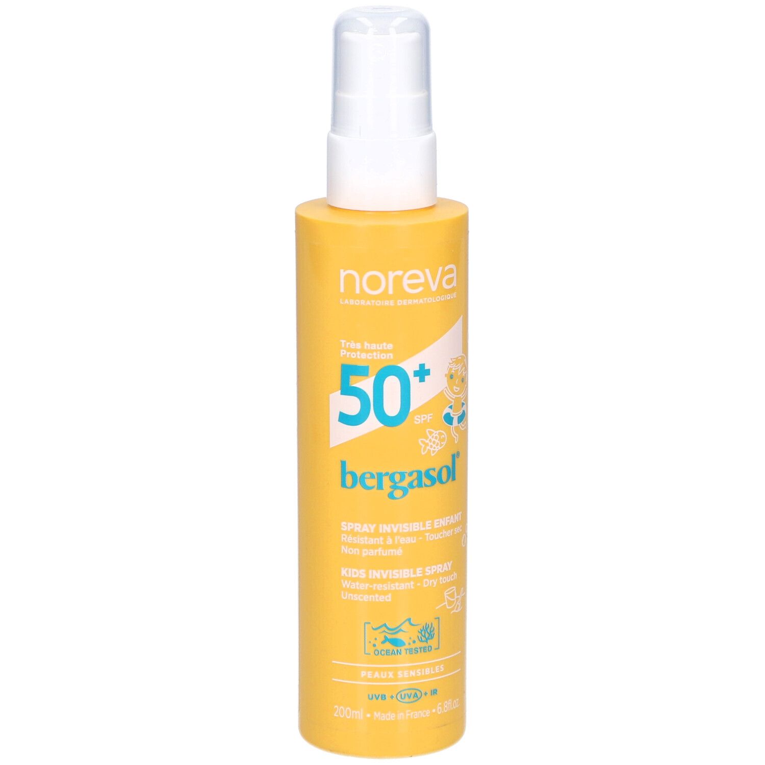 Gele sprayfles met witte sproeikop. Opschrift: Noreva, SPF 50+, Bergasol, Spray Invisible Enfants. Met kinderlijke illustraties.