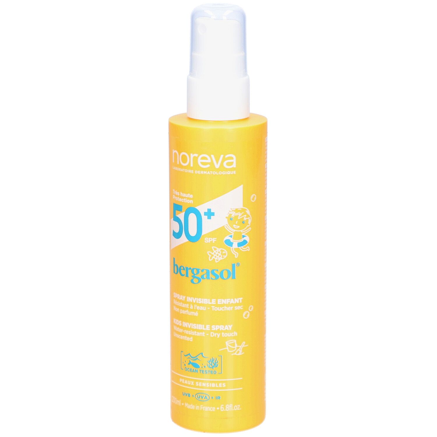 Gele sprayfles met witte sproeikop. Opschrift: Noreva, SPF 50+, Bergasol, Spray Invisible Enfants. Met kinderlijke illustraties.