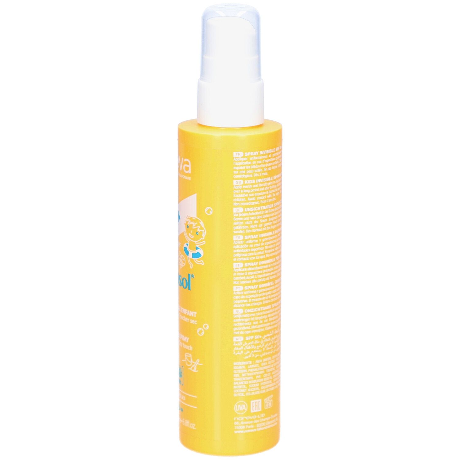 Gele sprayfles met witte sproeikop. Tekst in witte letters op de zijkant en kinderlijke illustraties.
