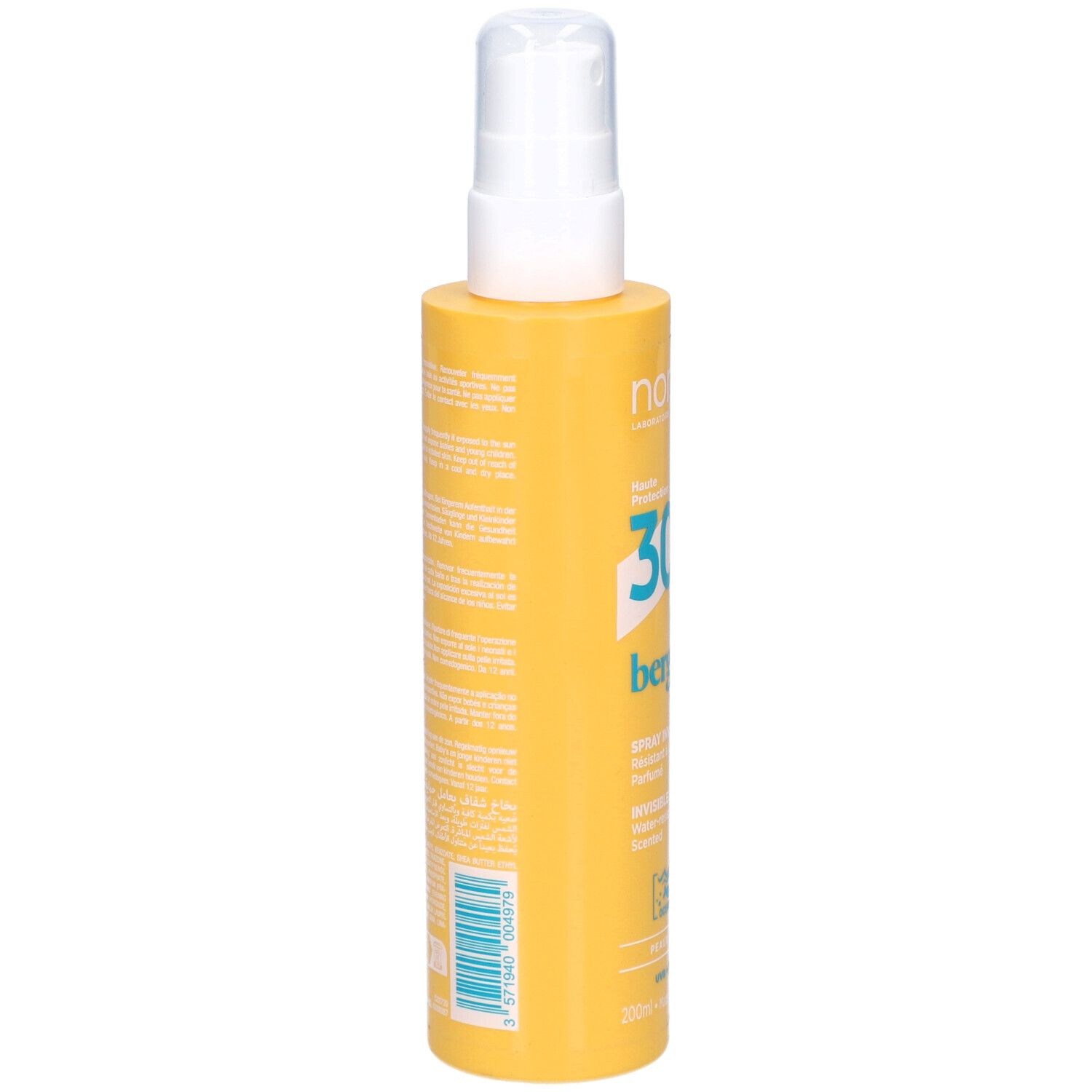Flacon spray jaune avec tête blanche. Texte et code-barres sur le côté. Nom du produit non visible.