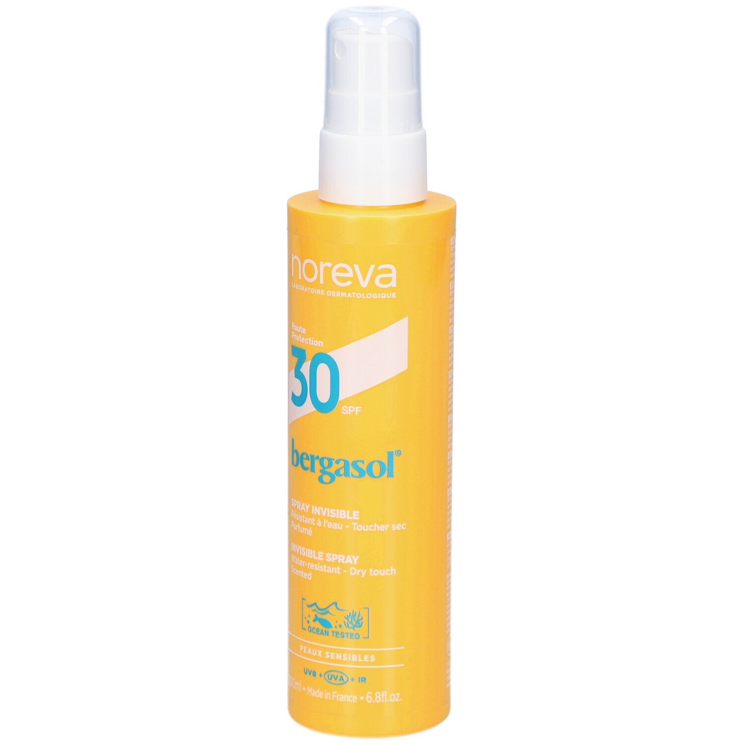 Flacon spray jaune avec tête blanche. Inscription : Noreva, SPF 30, Bergasol, Invisible Spray. Avec certifications.
