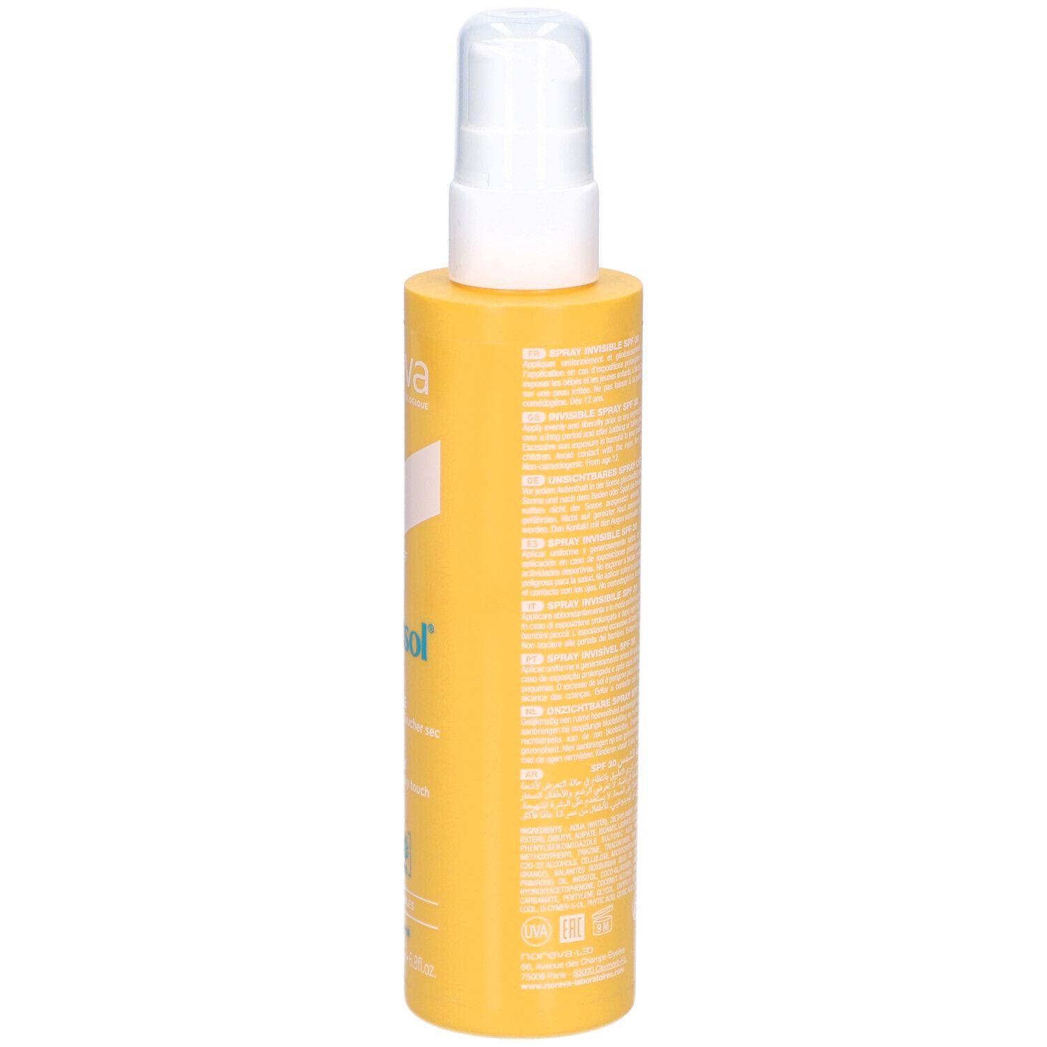 Flacon spray jaune avec tête blanche. Texte sur le côté. Nom du produit non visible.