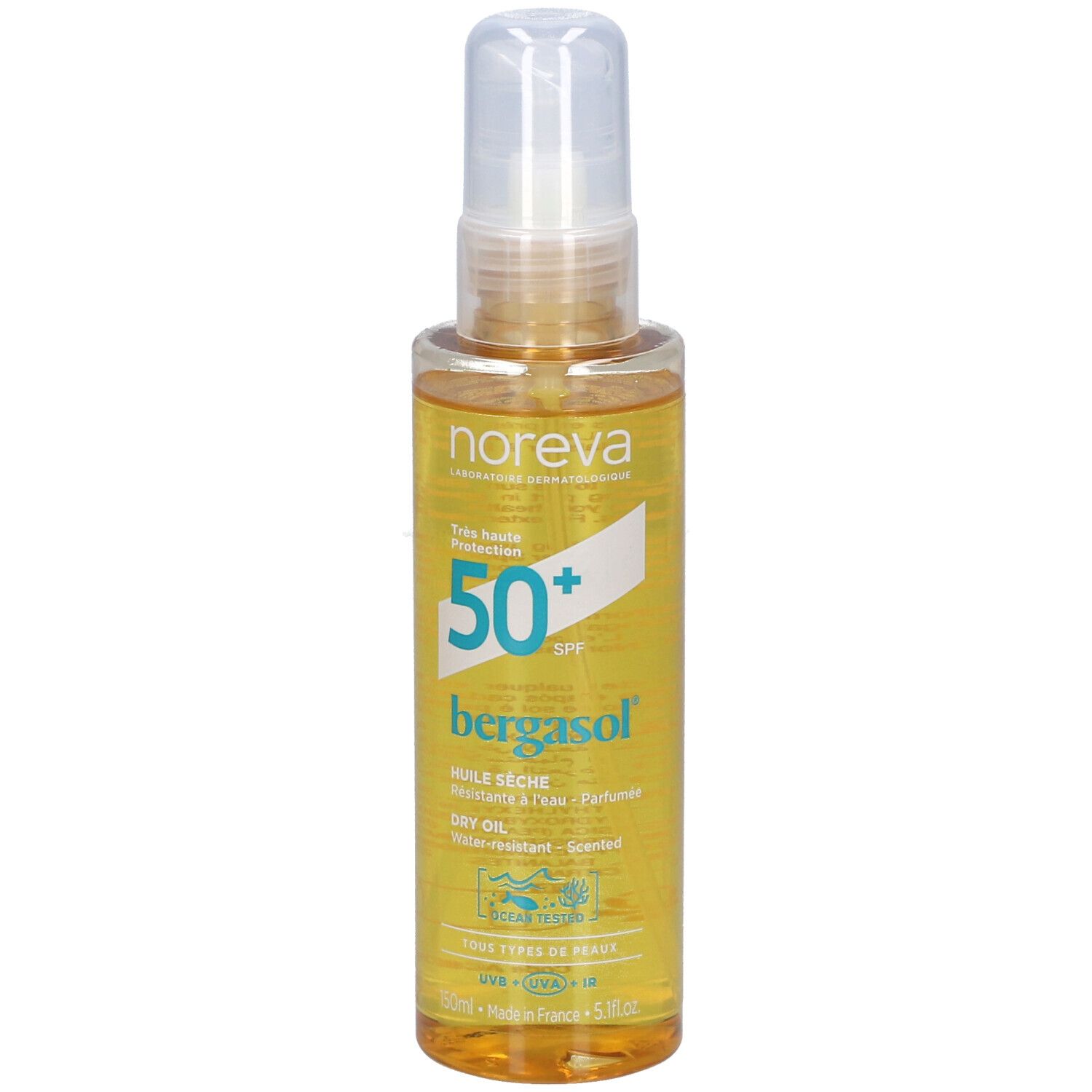 Spray d'huile solaire SPF 50+. Flacon transparent avec vaporisateur blanc. Nom du produit et indice SPF clairement visibles.