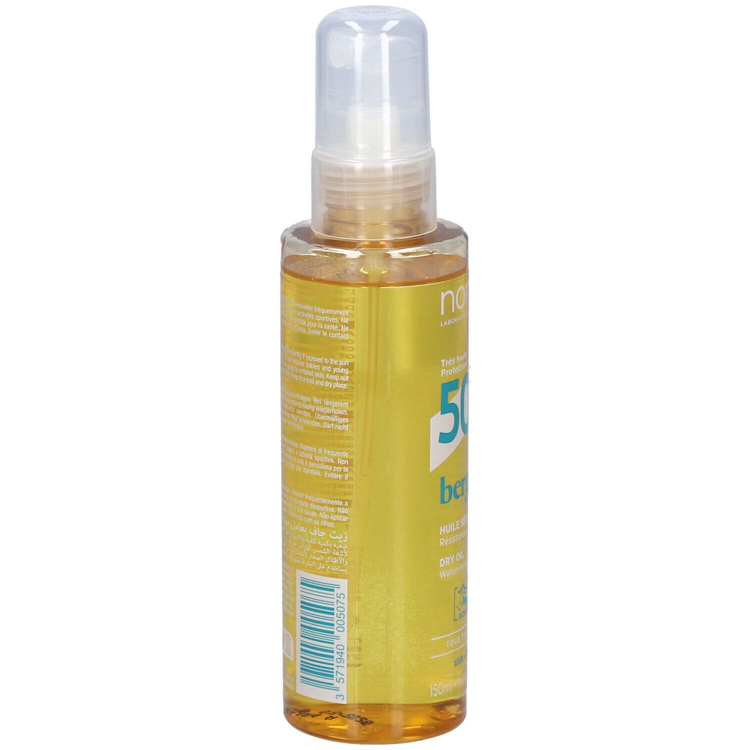 Spray d'huile solaire. Dos du flacon avec informations produit et code-barres. Liquide transparent visible.