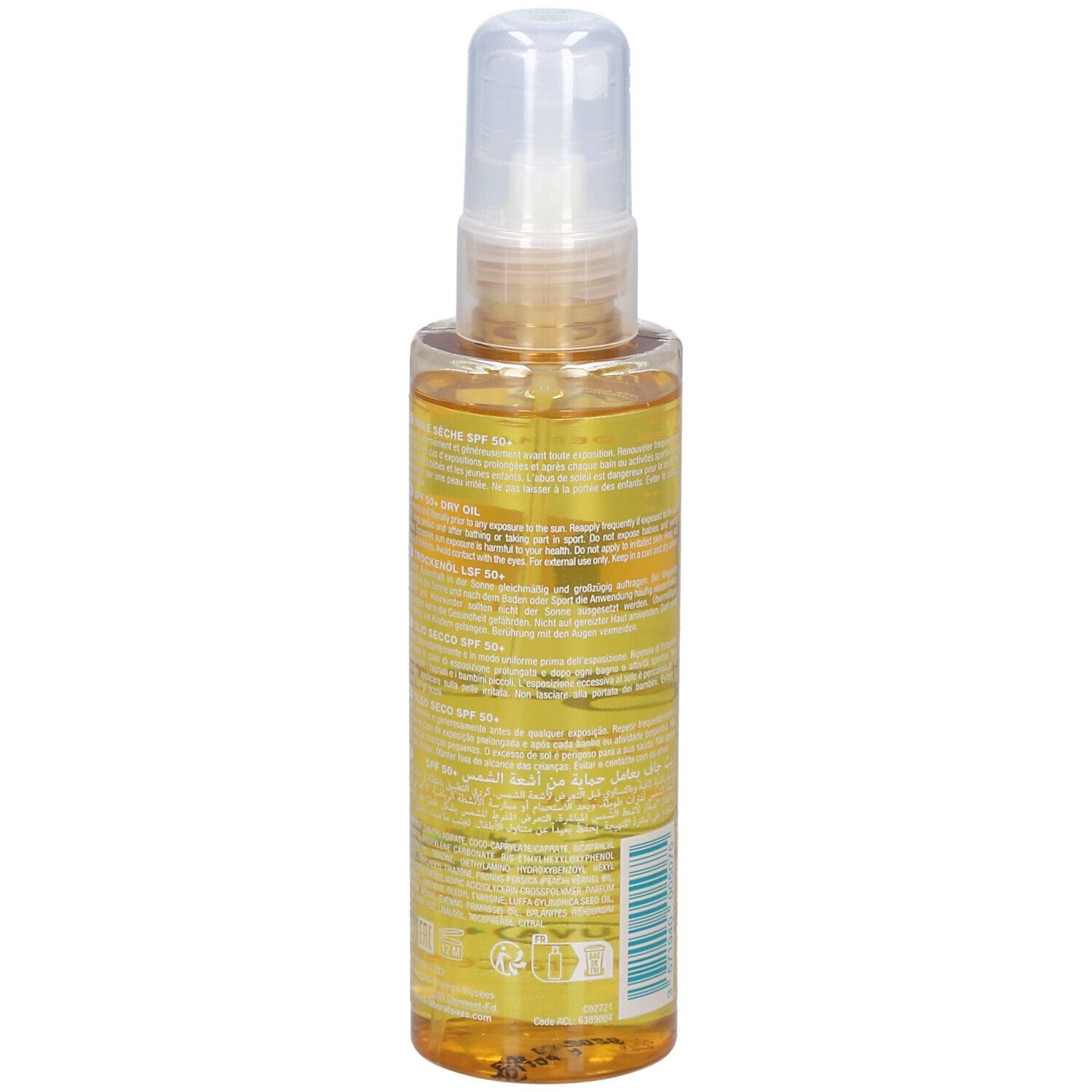 Dos du spray d'huile solaire. Informations textuelles multilingues. Code-barres et liquide transparent visibles.