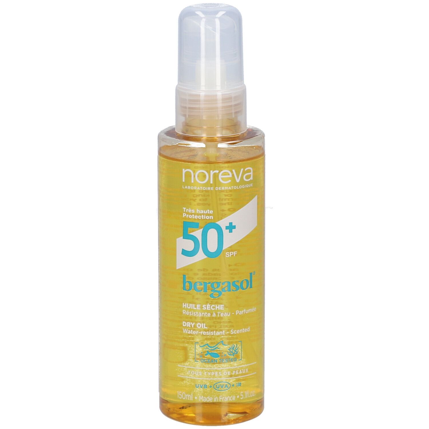 Spray d'huile solaire SPF 50+. Flacon avec vaporisateur blanc. Nom du produit et indice SPF clairement visibles.