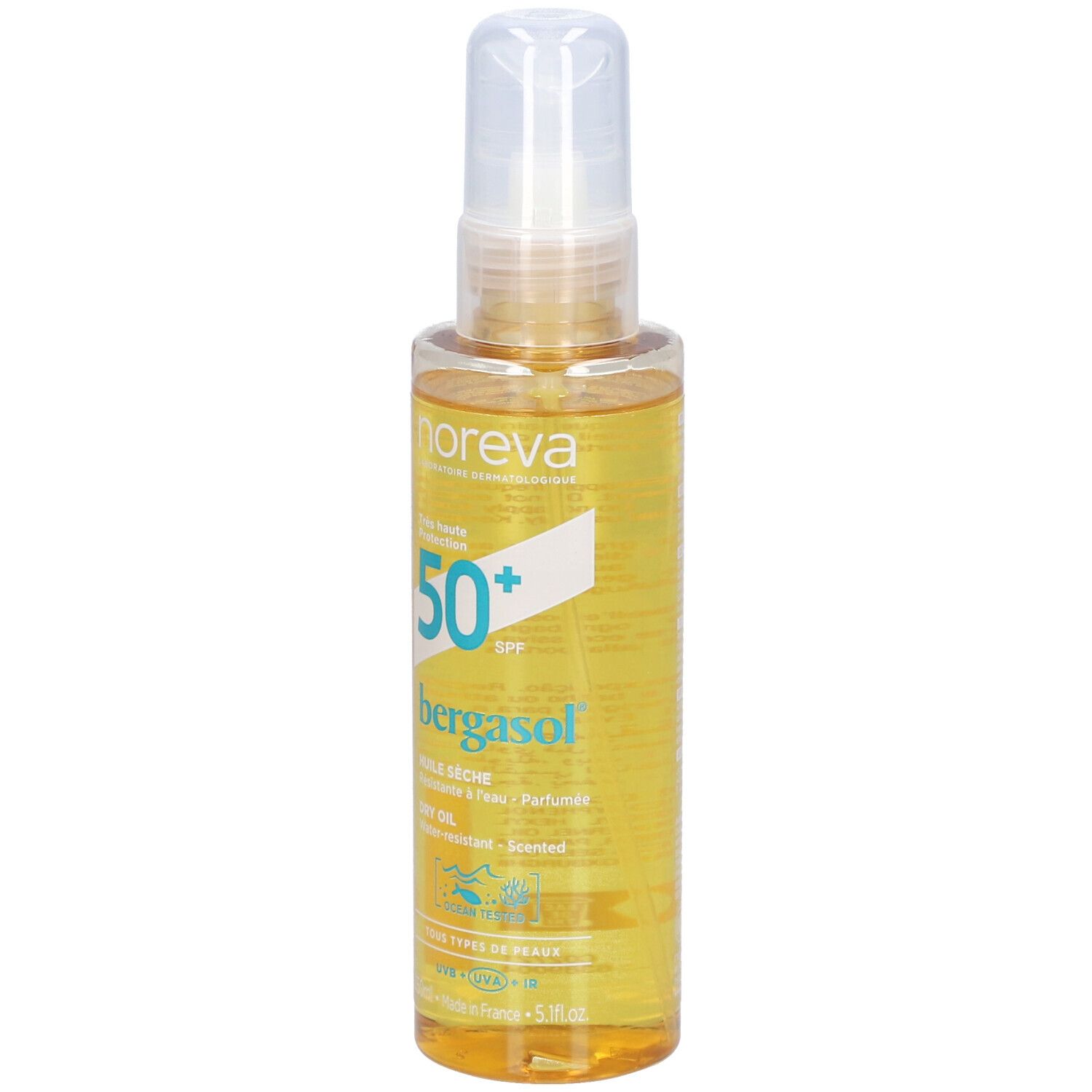 Spray d'huile solaire SPF 50+. Flacon avec vaporisateur blanc. Nom du produit et indice SPF clairement visibles.
