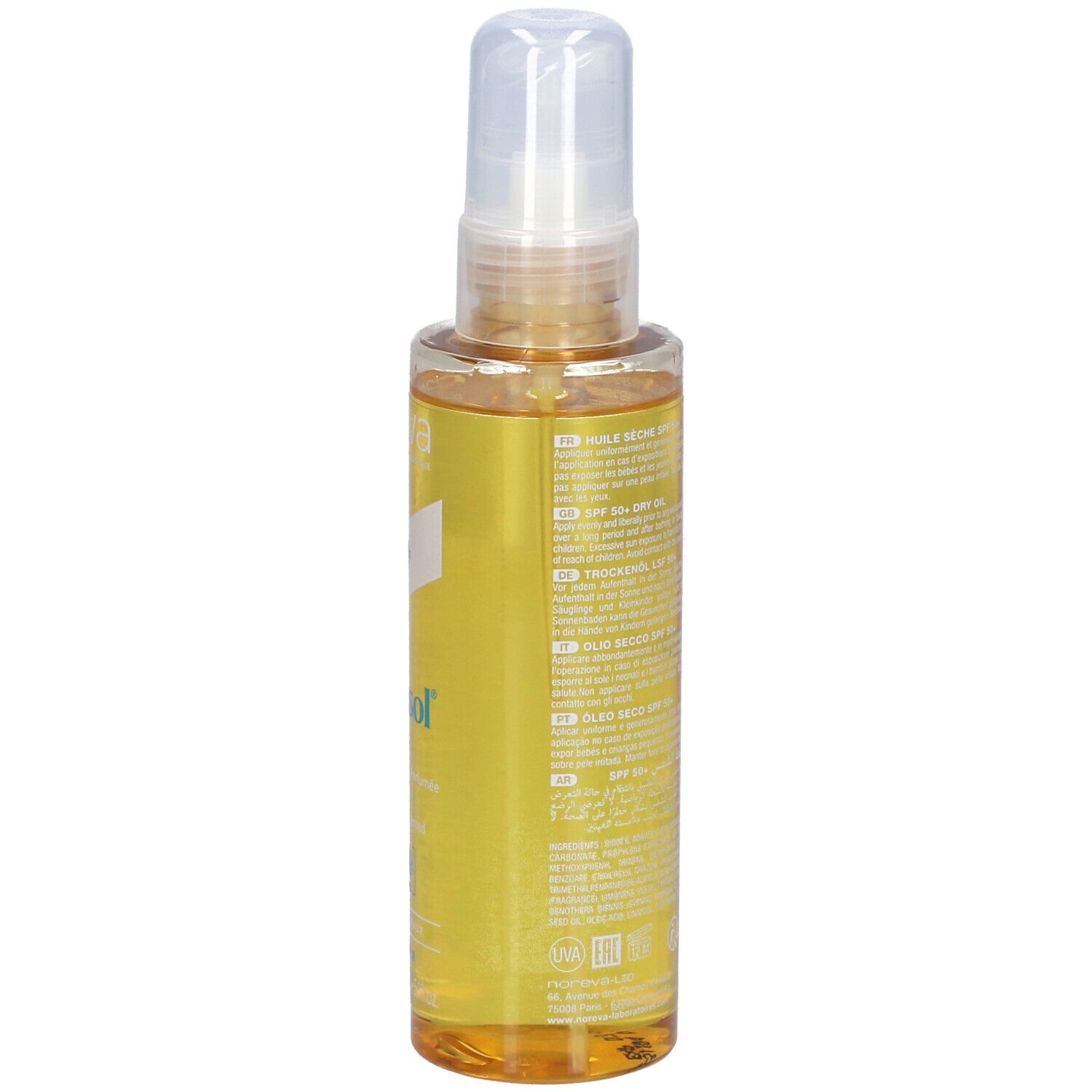 Dos du spray d'huile solaire. Informations textuelles multilingues. Code-barres et liquide transparent visibles.