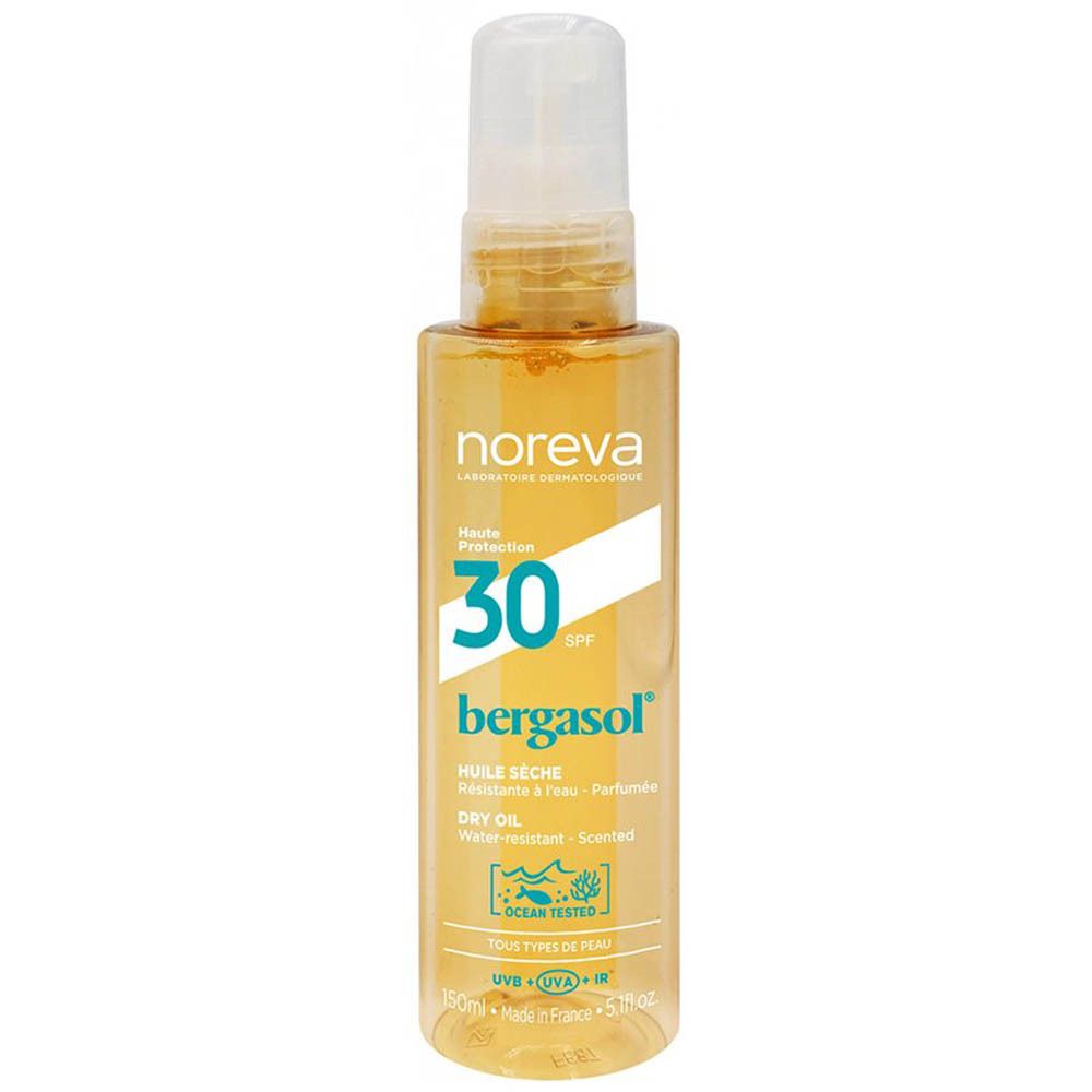 Gele fles met verstuiver. Opschrift: Noreva, Bergasol, SPF 30. Droge olie. Waterbestendig. Geparfumeerd. Keurmerk: Ocean Tested.