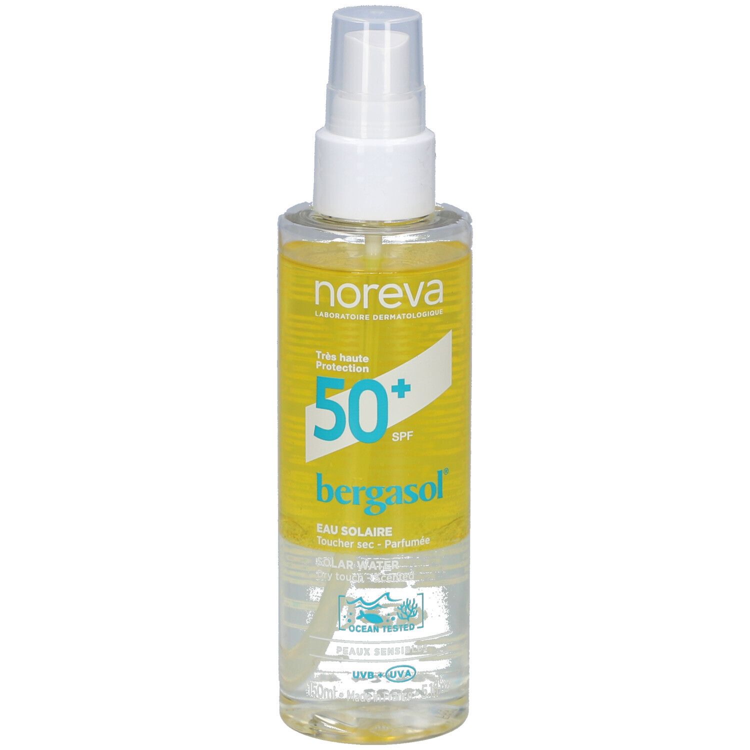 Flacon transparent avec vaporisateur. Liquide jaune, nom du produit et SPF 50+.