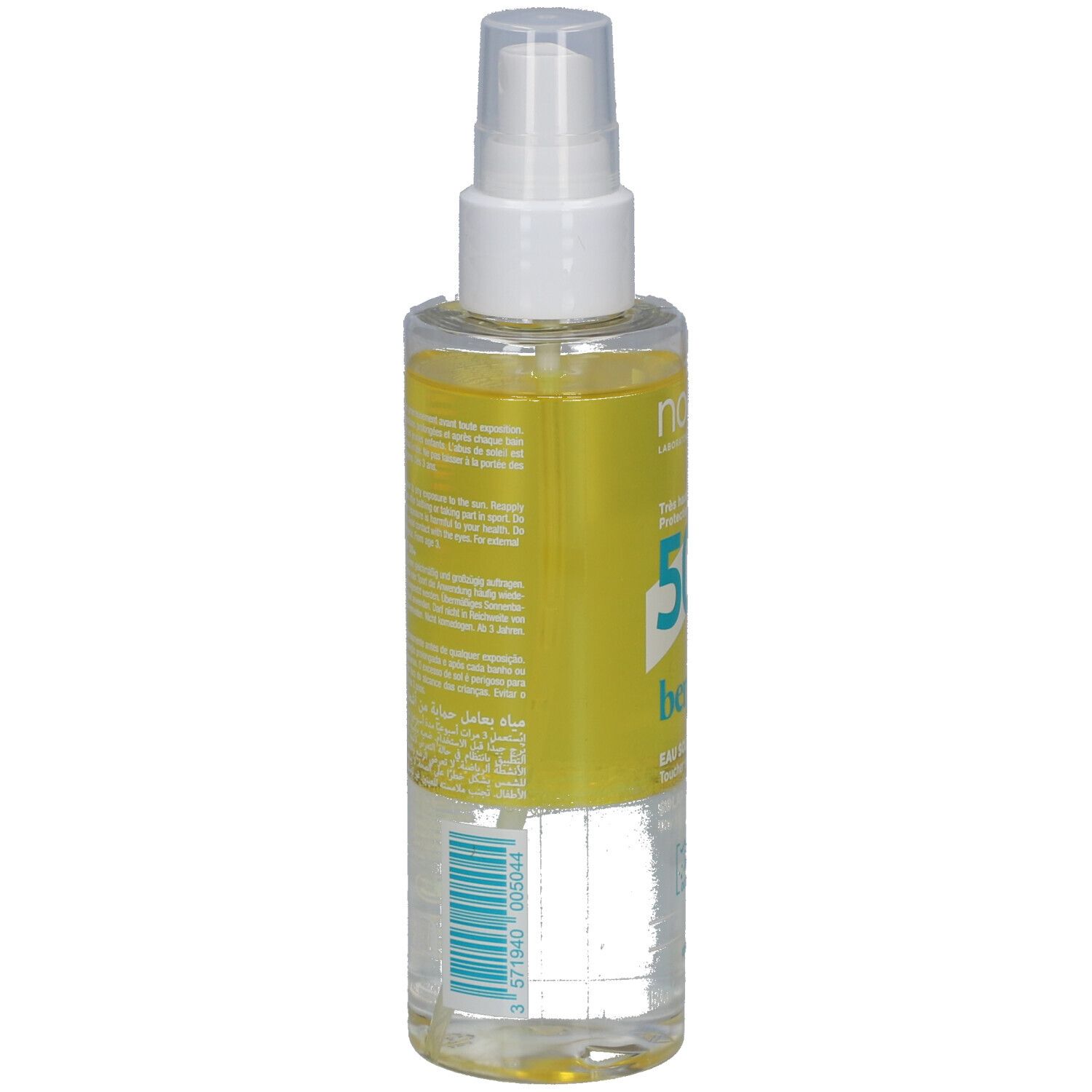 Flacon transparent avec vaporisateur. Liquide jaune, informations produit sur l'étiquette.