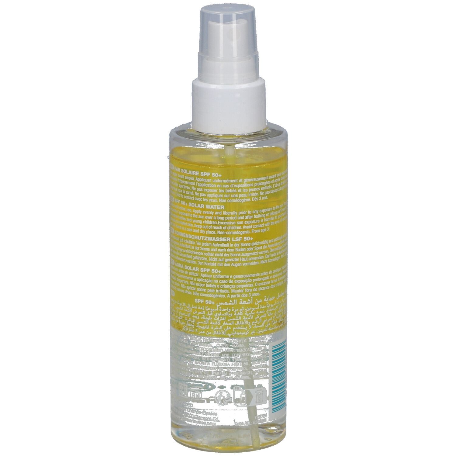 Flacon transparent avec vaporisateur. Liquide jaune, informations produit sur l'étiquette.