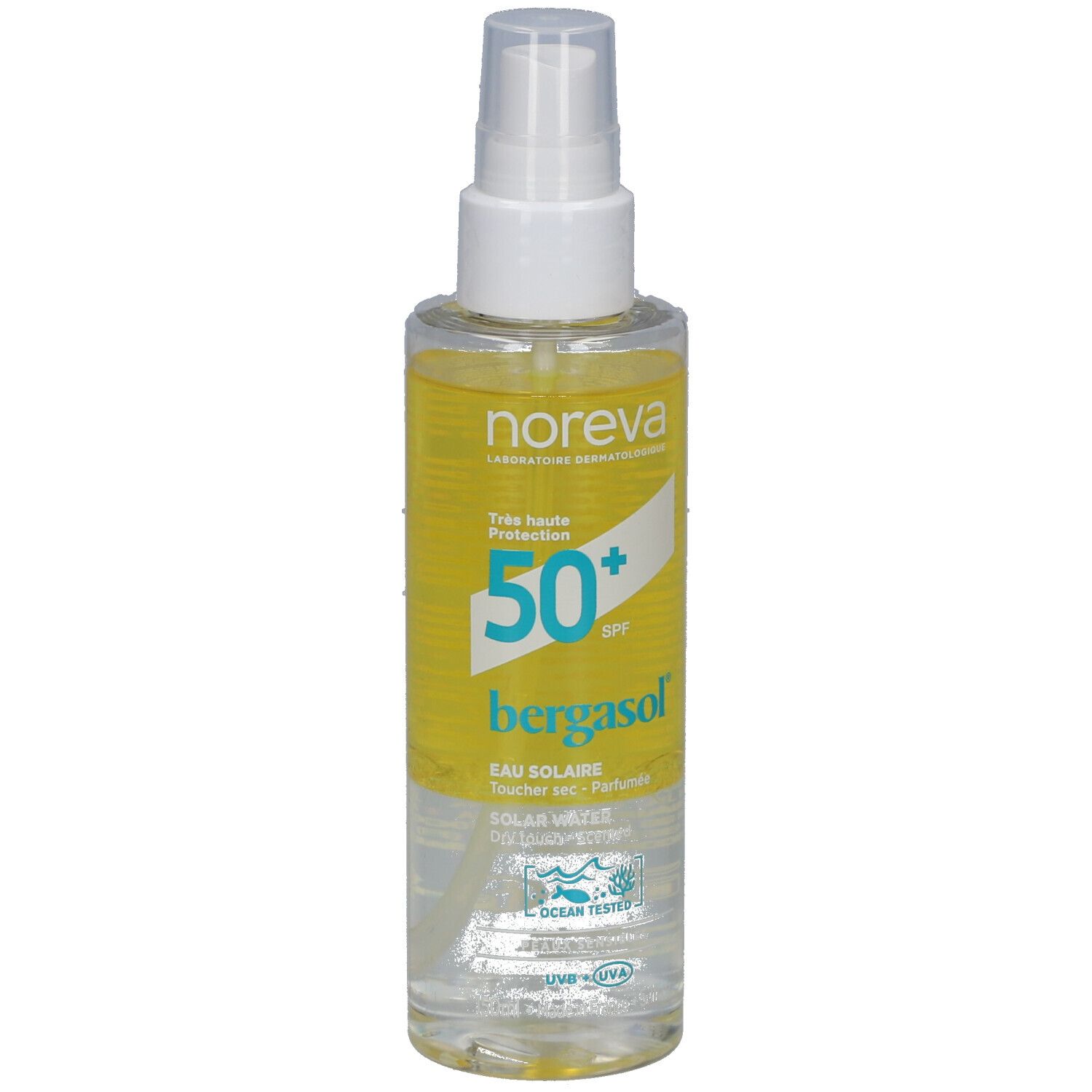 Flacon transparent avec vaporisateur. Liquide jaune, nom du produit et SPF 50+.