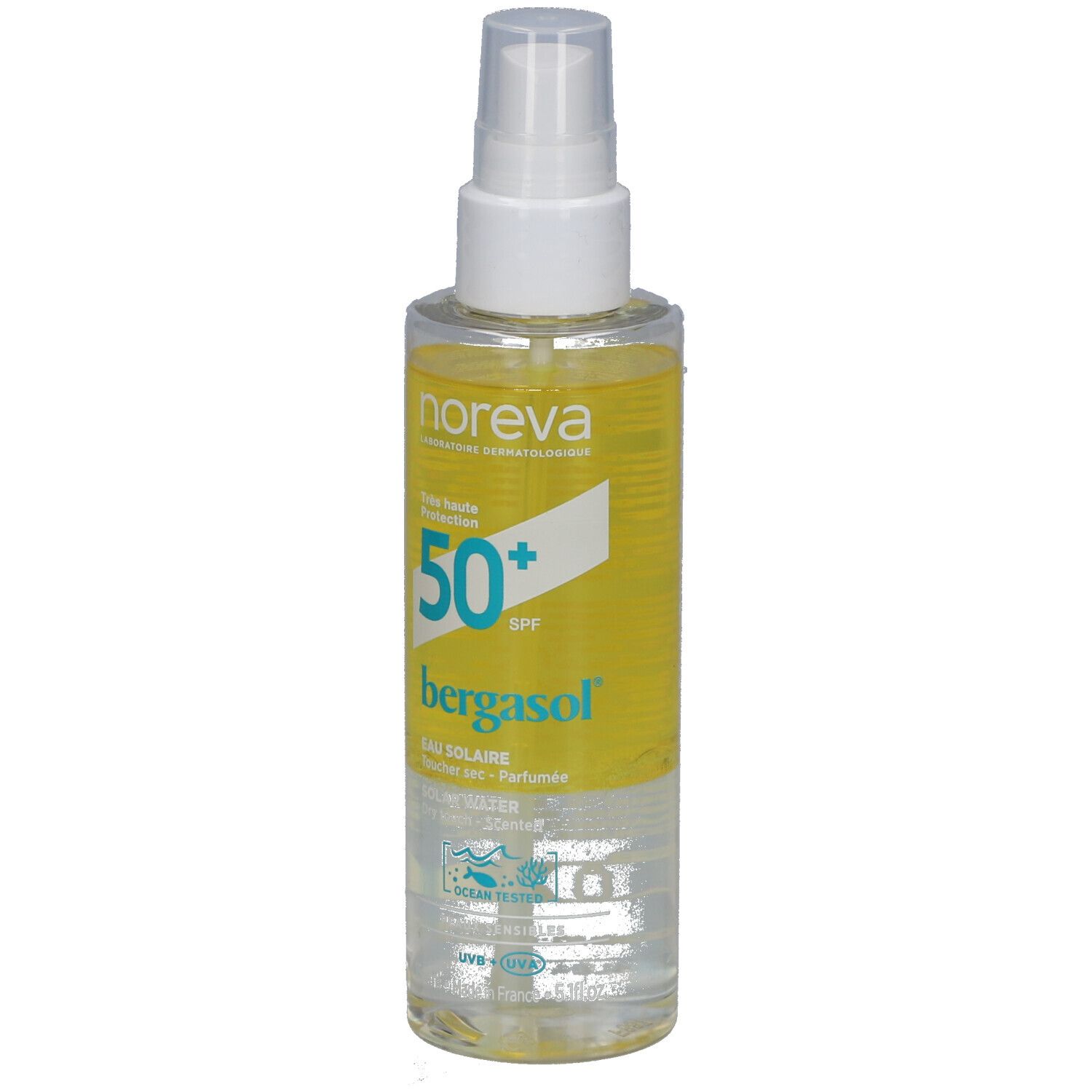 Flacon transparent avec vaporisateur. Liquide jaune, nom du produit et SPF 50+.