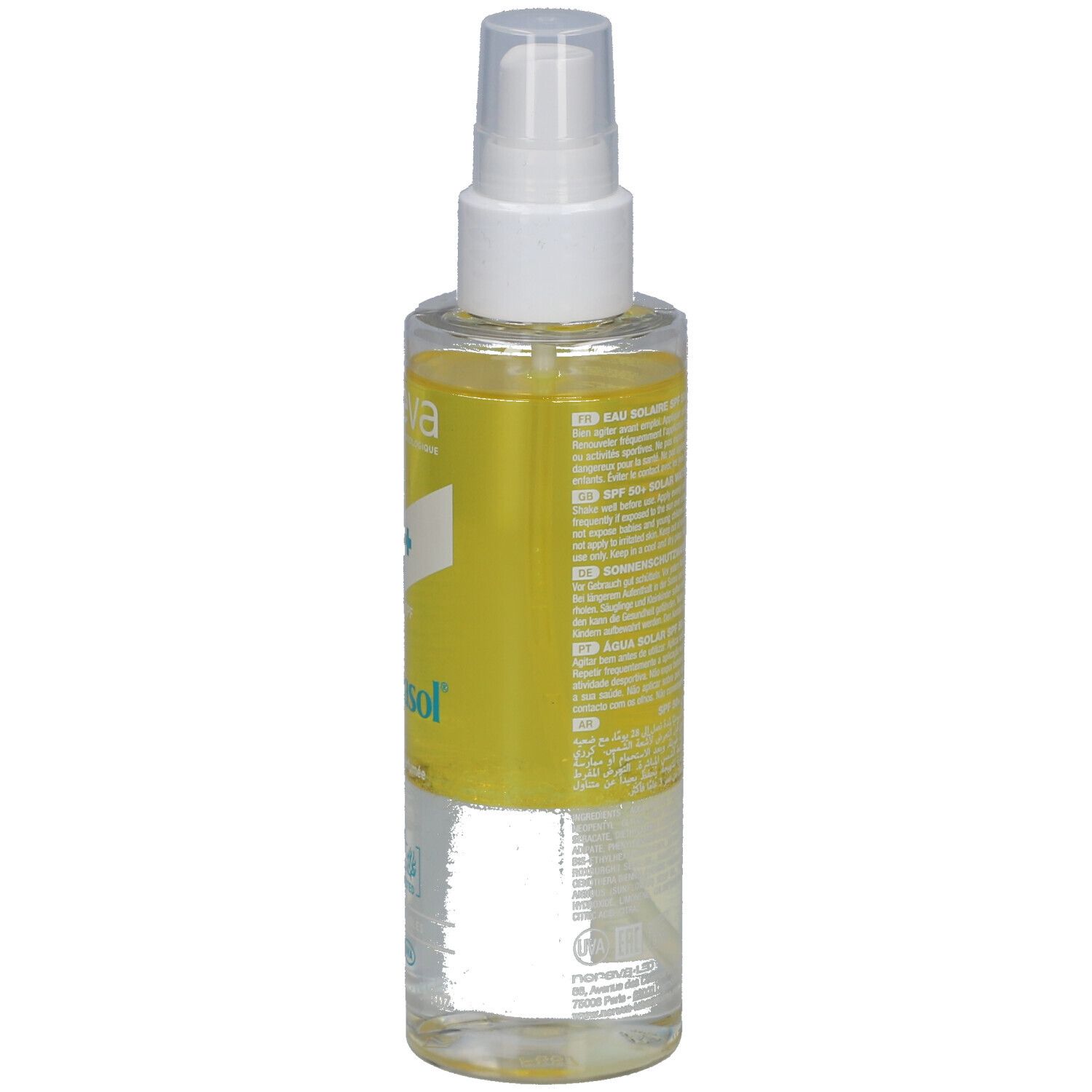 Flacon transparent avec vaporisateur. Liquide jaune, informations produit sur l'étiquette.
