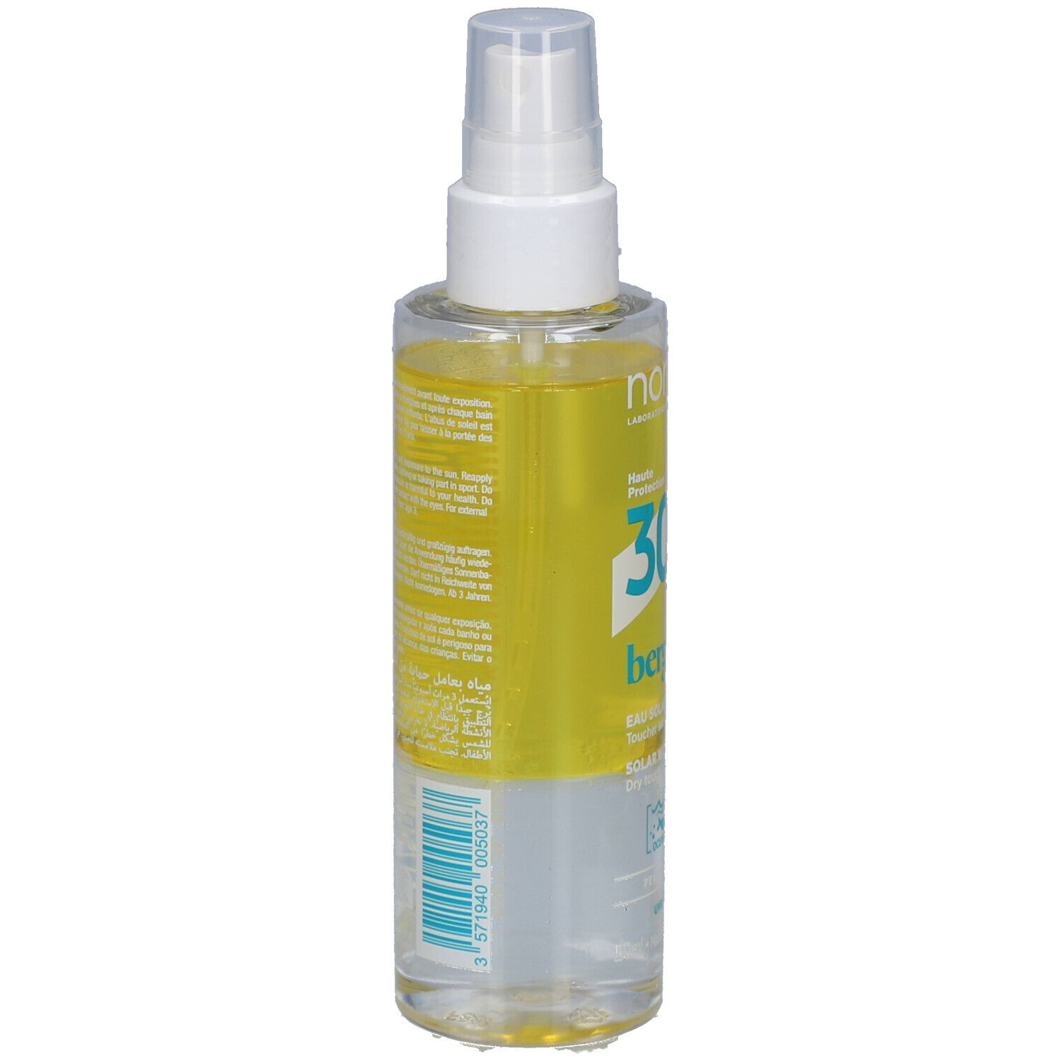 Spray solaire SPF30. Flacon transparent avec liquide jaune. Tête de pulvérisation blanche. Étiquette avec informations.