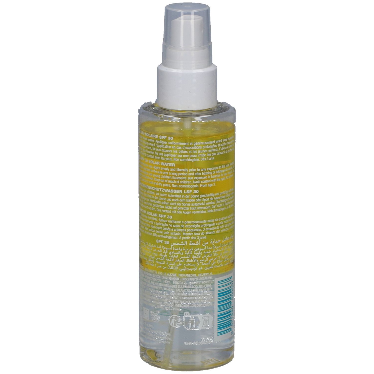 Spray solaire SPF30. Flacon transparent avec liquide jaune. Tête de pulvérisation blanche. Étiquette avec texte multilingue.