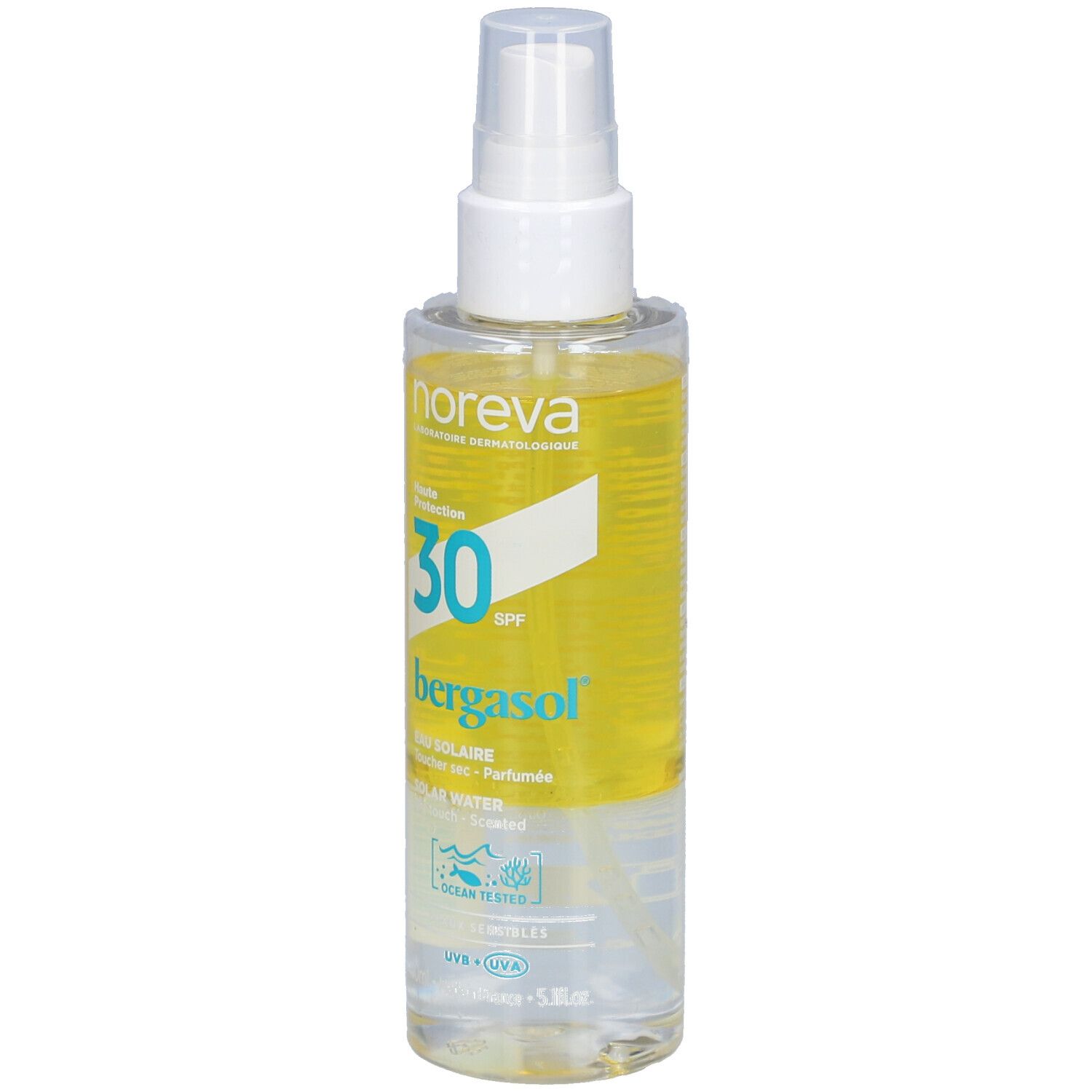 Spray solaire SPF30. Flacon transparent avec liquide jaune. Tête de pulvérisation blanche. Marque Noreva et nom du produit visibles.