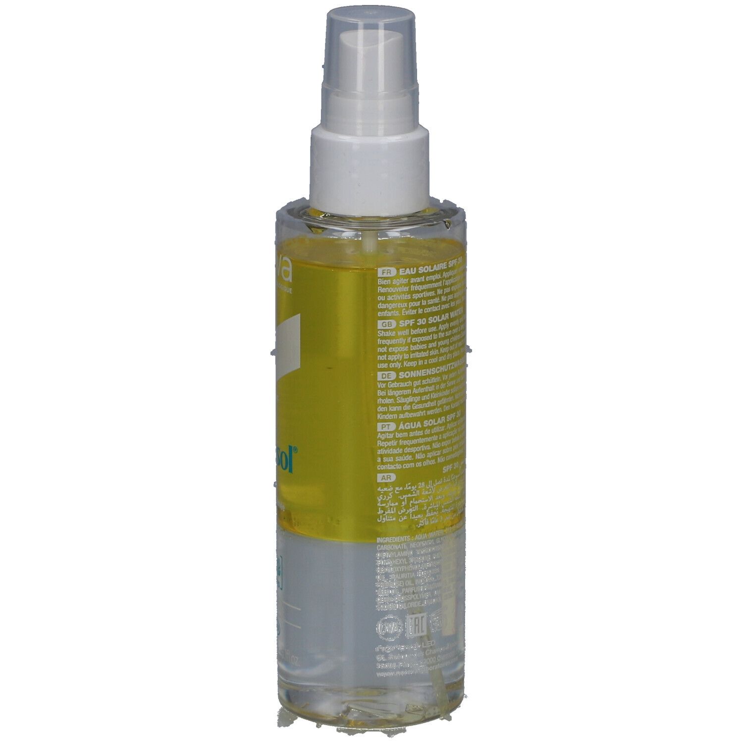 Spray solaire SPF30. Flacon transparent avec liquide jaune. Tête de pulvérisation blanche. Étiquette avec informations.
