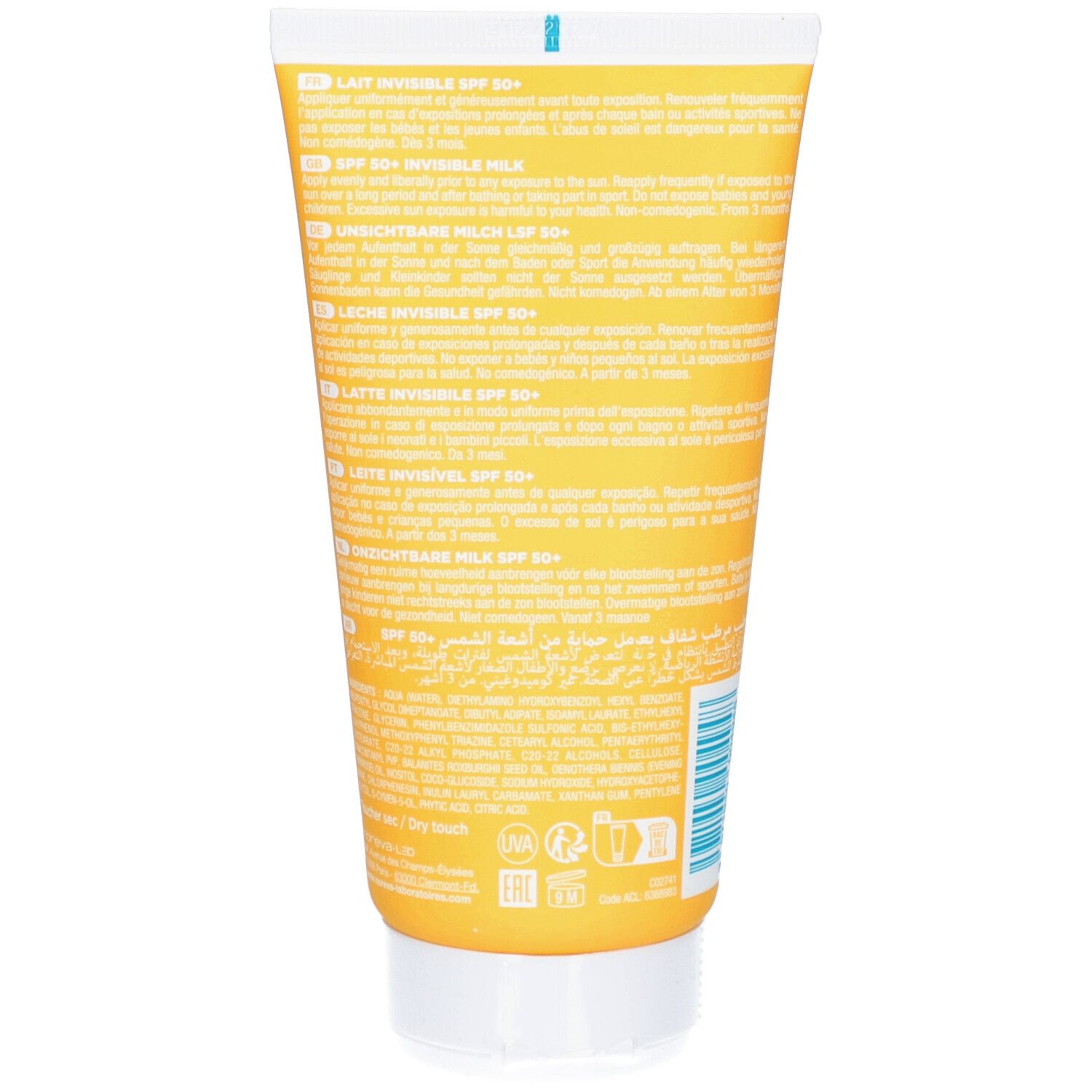 Dos du tube jaune. Texte multilingue. Inscription : Lait Invisible SPF 50+. Logos : EAU, UVA, IR, etc.