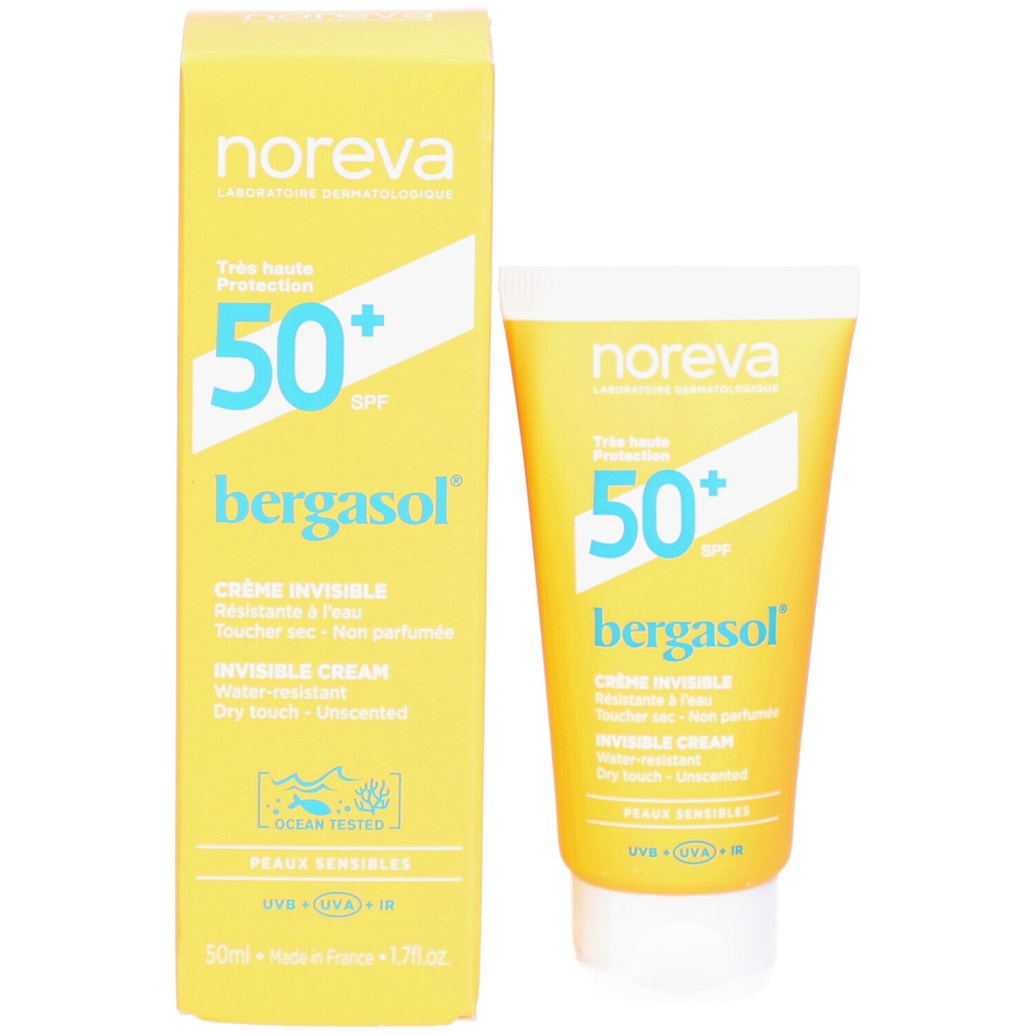 Gele doos en tube. Beide met "50+ SPF", "bergasol" en productinformatie.