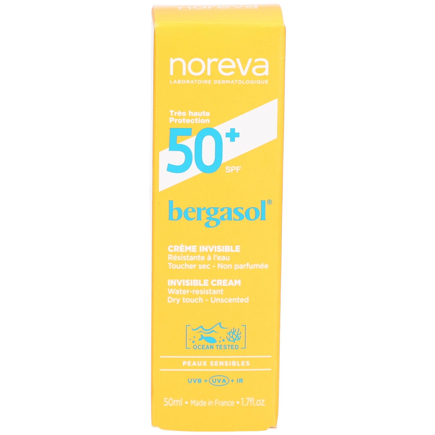 Gele doos met witte opdruk. Bevat "50+ SPF", "bergasol" en productinformatie.